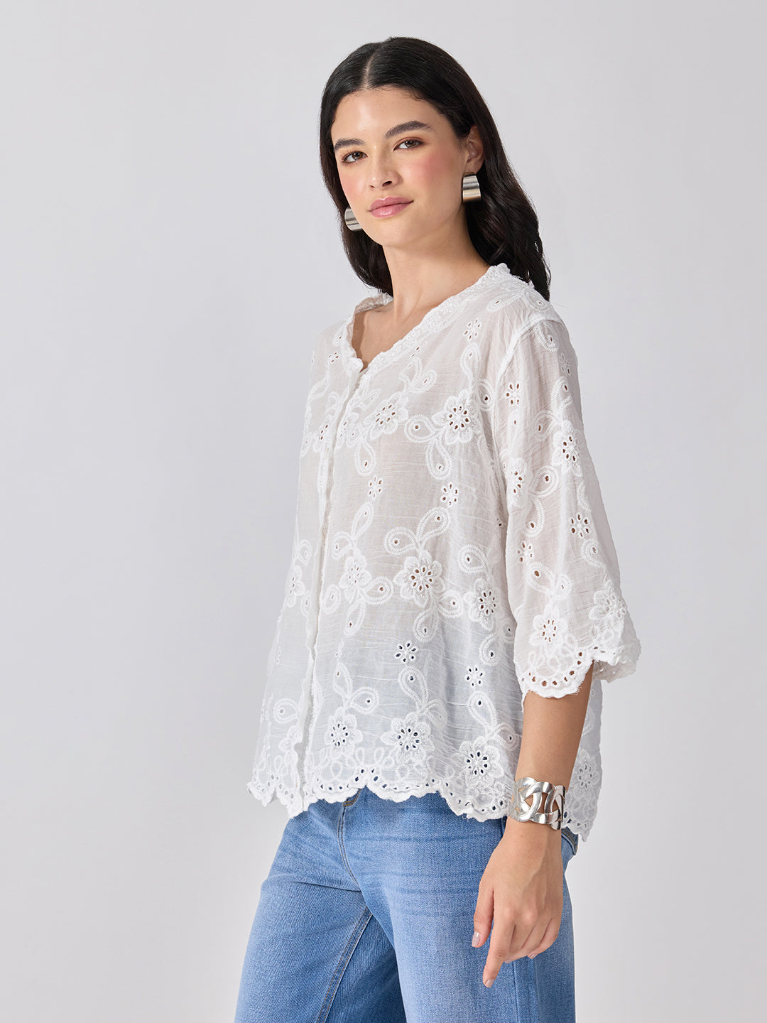 Women’s Floral Embroidered White Eyelet Top with Scalloped Hem
