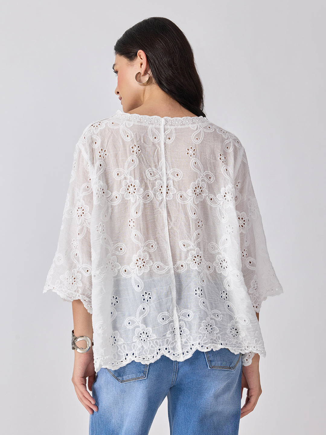 Women’s Floral Embroidered White Eyelet Top with Scalloped Hem