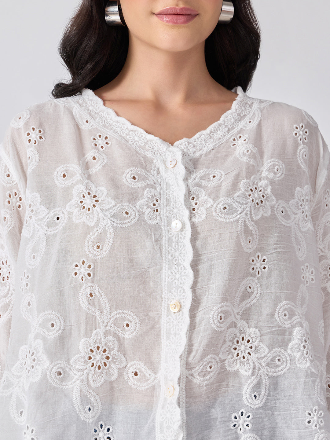Women’s Floral Embroidered White Eyelet Top with Scalloped Hem