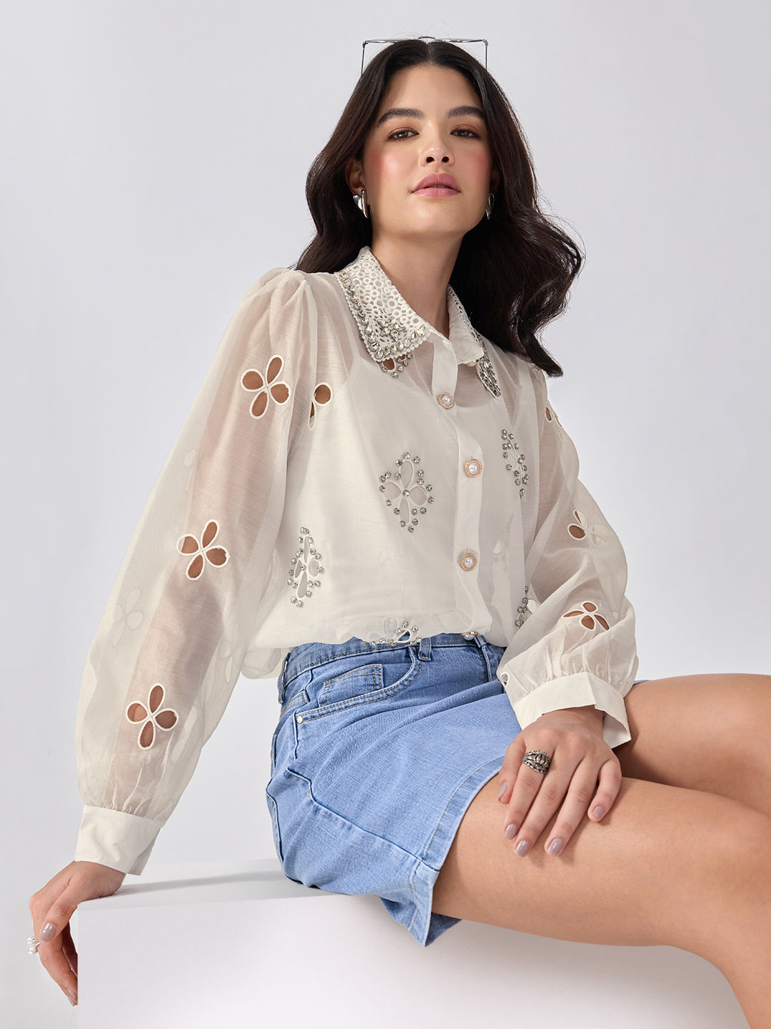 Women’s Floral Cutwork Cream Shirt Rhinestone Embellishments with Camisole