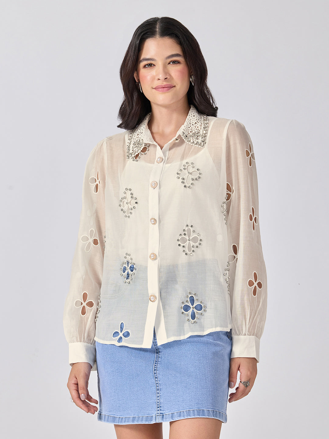 Women’s Floral Cutwork Cream Shirt Rhinestone Embellishments with Camisole