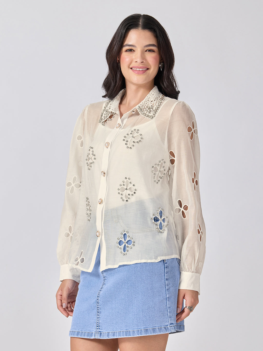 Women’s Floral Cutwork Cream Shirt Rhinestone Embellishments with Camisole