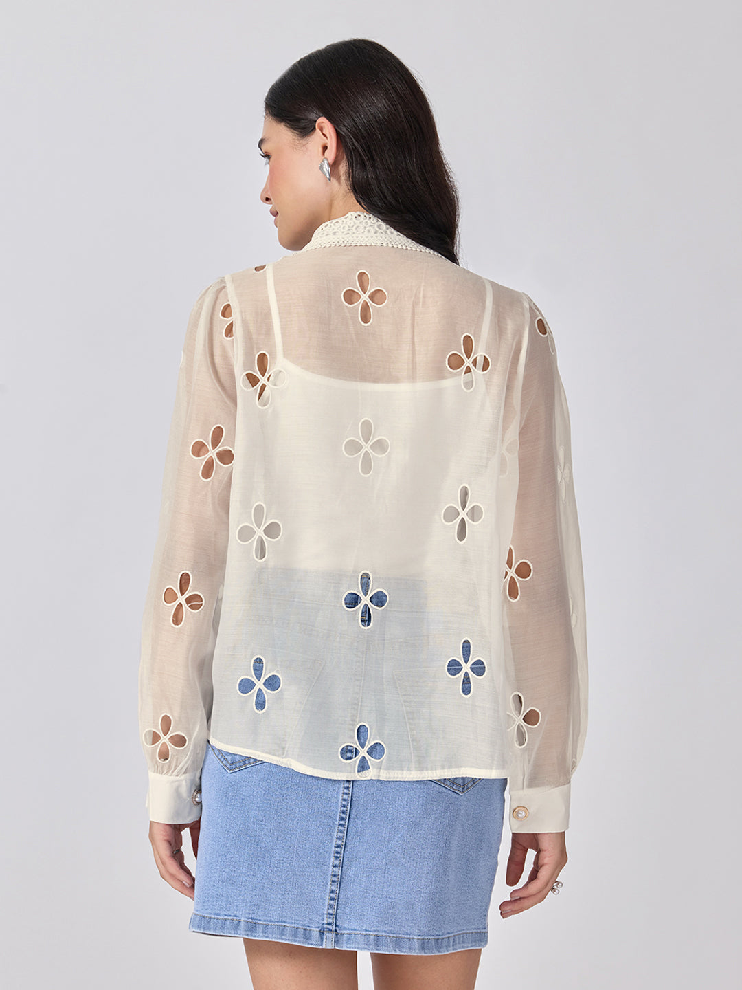 Women’s Floral Cutwork Cream Shirt Rhinestone Embellishments with Camisole
