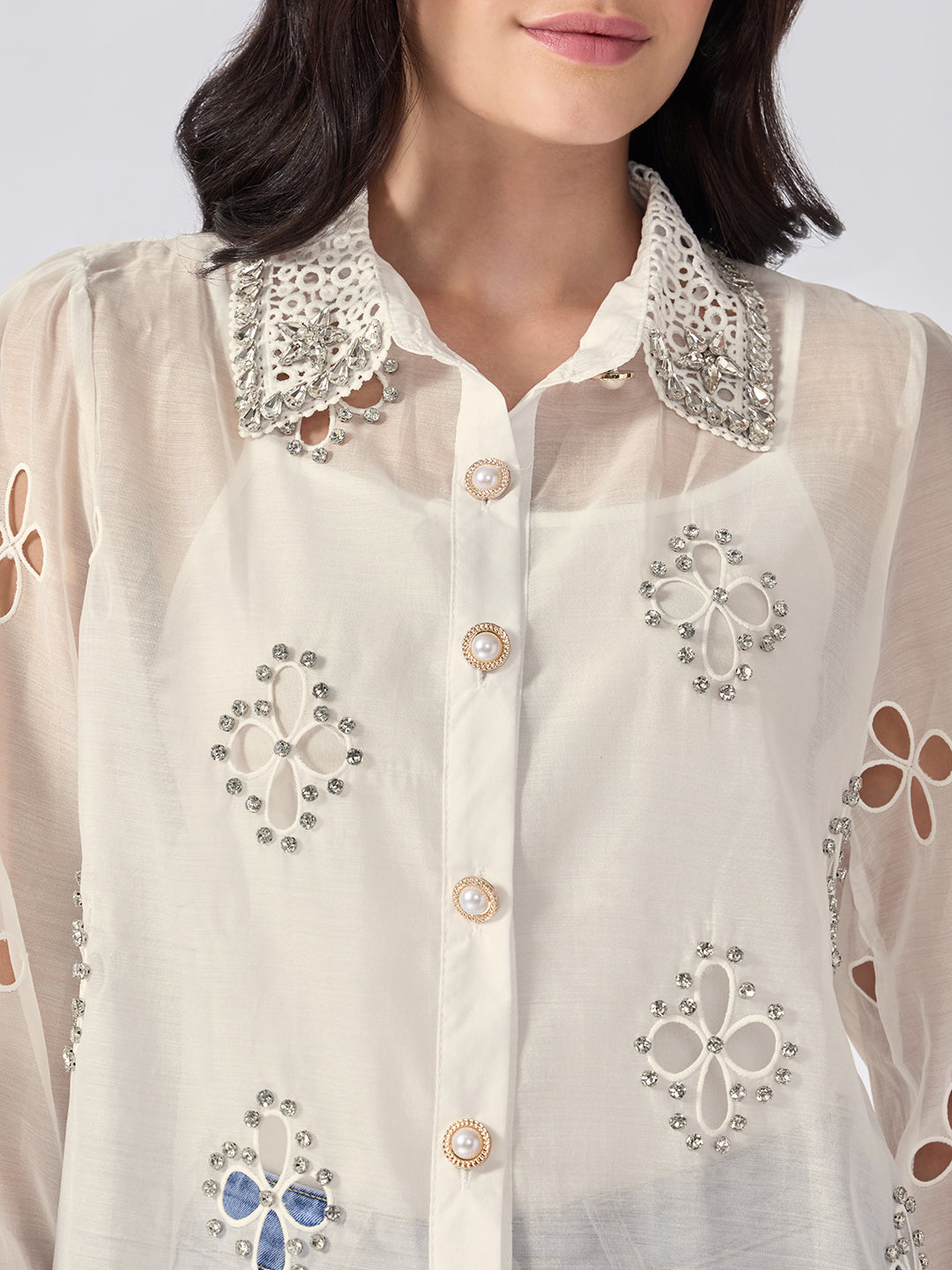 Women’s Floral Cutwork Cream Shirt Rhinestone Embellishments with Camisole