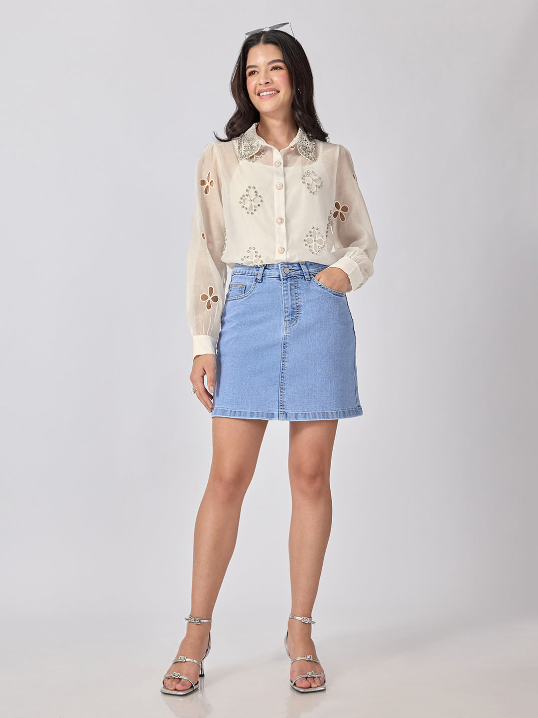 Women’s Floral Cutwork Cream Shirt Rhinestone Embellishments with Camisole
