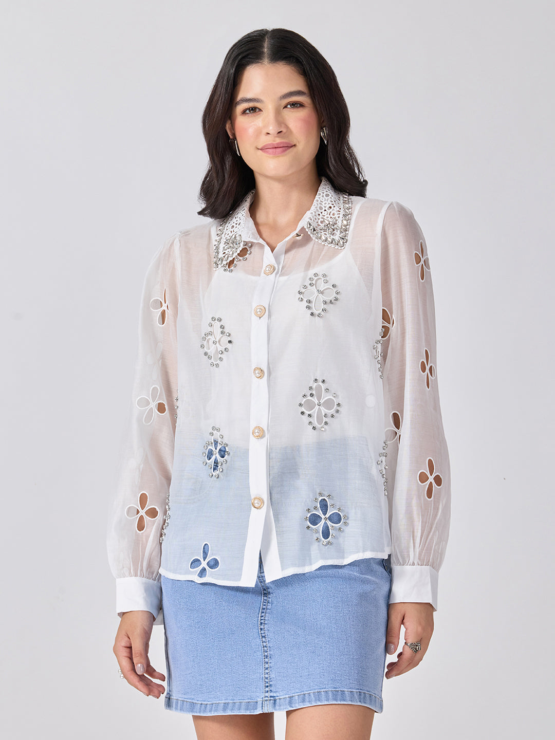 Women’s Floral Cutwork White Shirt Rhinestone Embellishments with Camisole