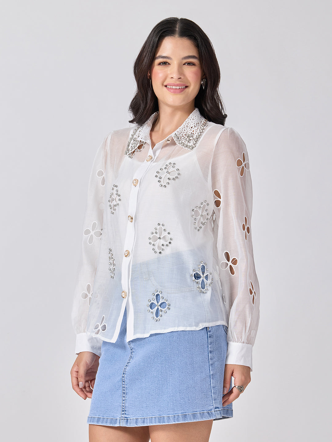 Women’s Floral Cutwork White Shirt Rhinestone Embellishments with Camisole