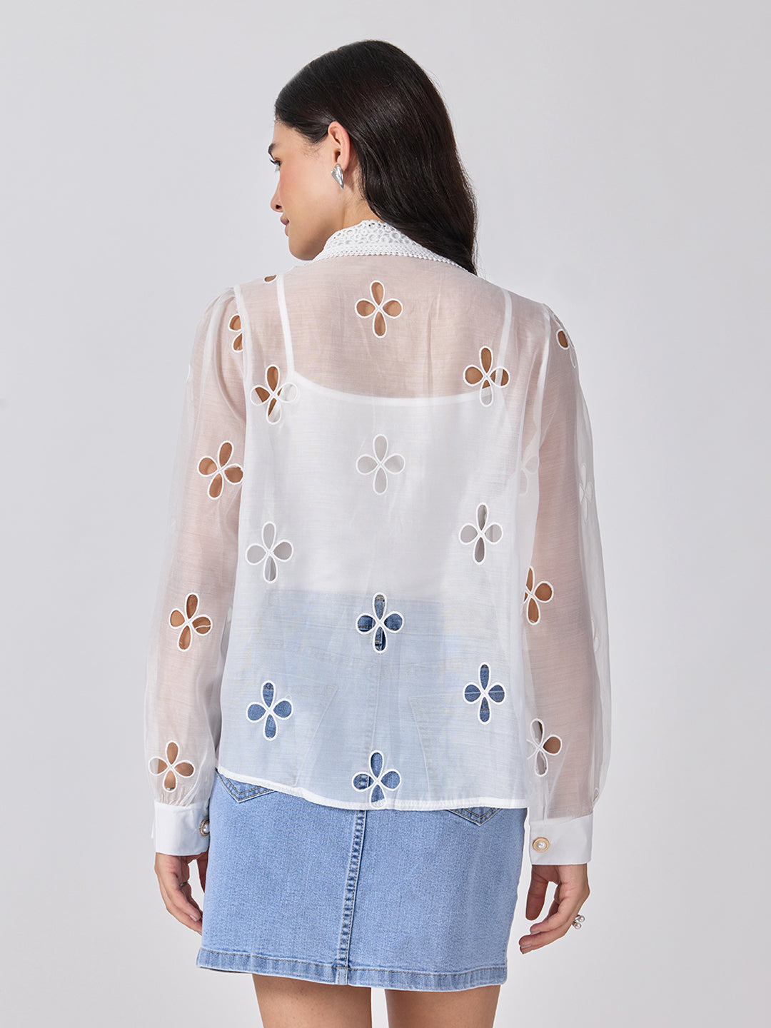 Women’s Floral Cutwork White Shirt Rhinestone Embellishments with Camisole