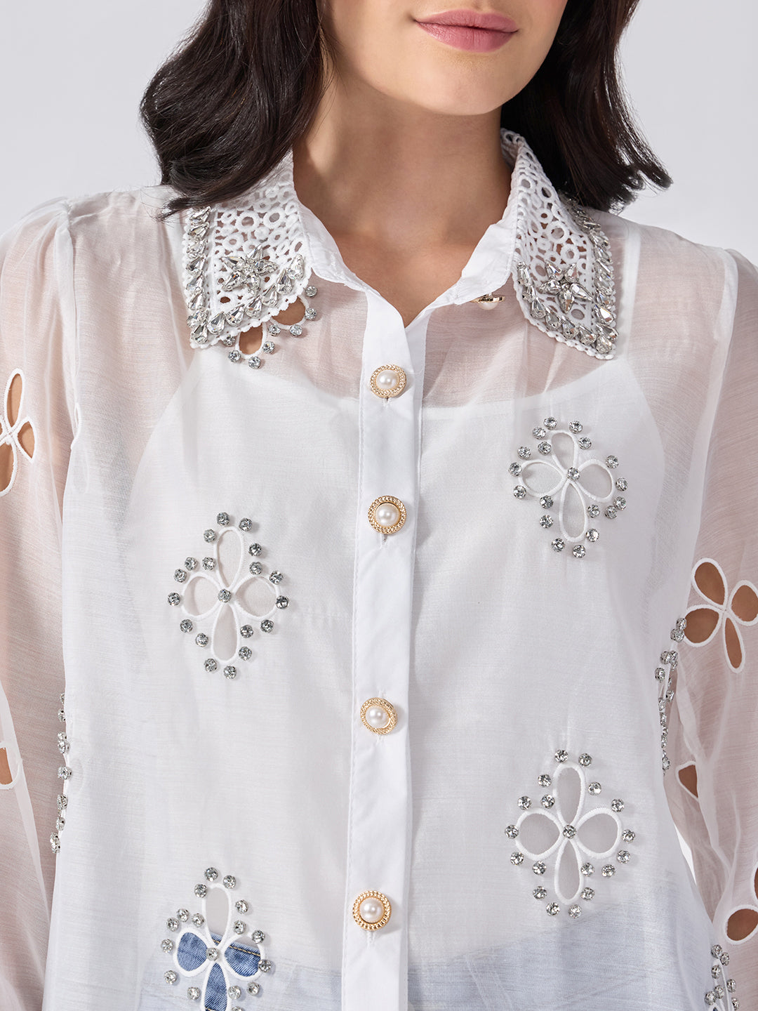 Women’s Floral Cutwork White Shirt Rhinestone Embellishments with Camisole