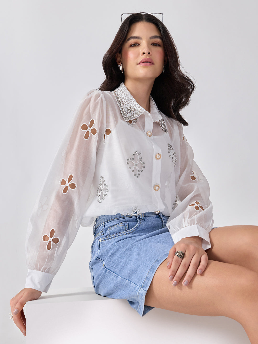 Women’s Floral Cutwork White Shirt Rhinestone Embellishments with Camisole