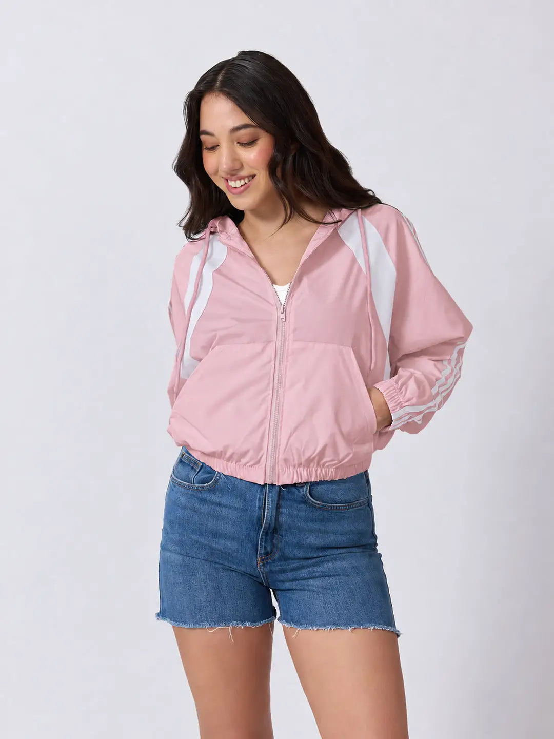 Women's Colourblocked Pink Hooded Zip Up Jacket with Striped Sleeves
