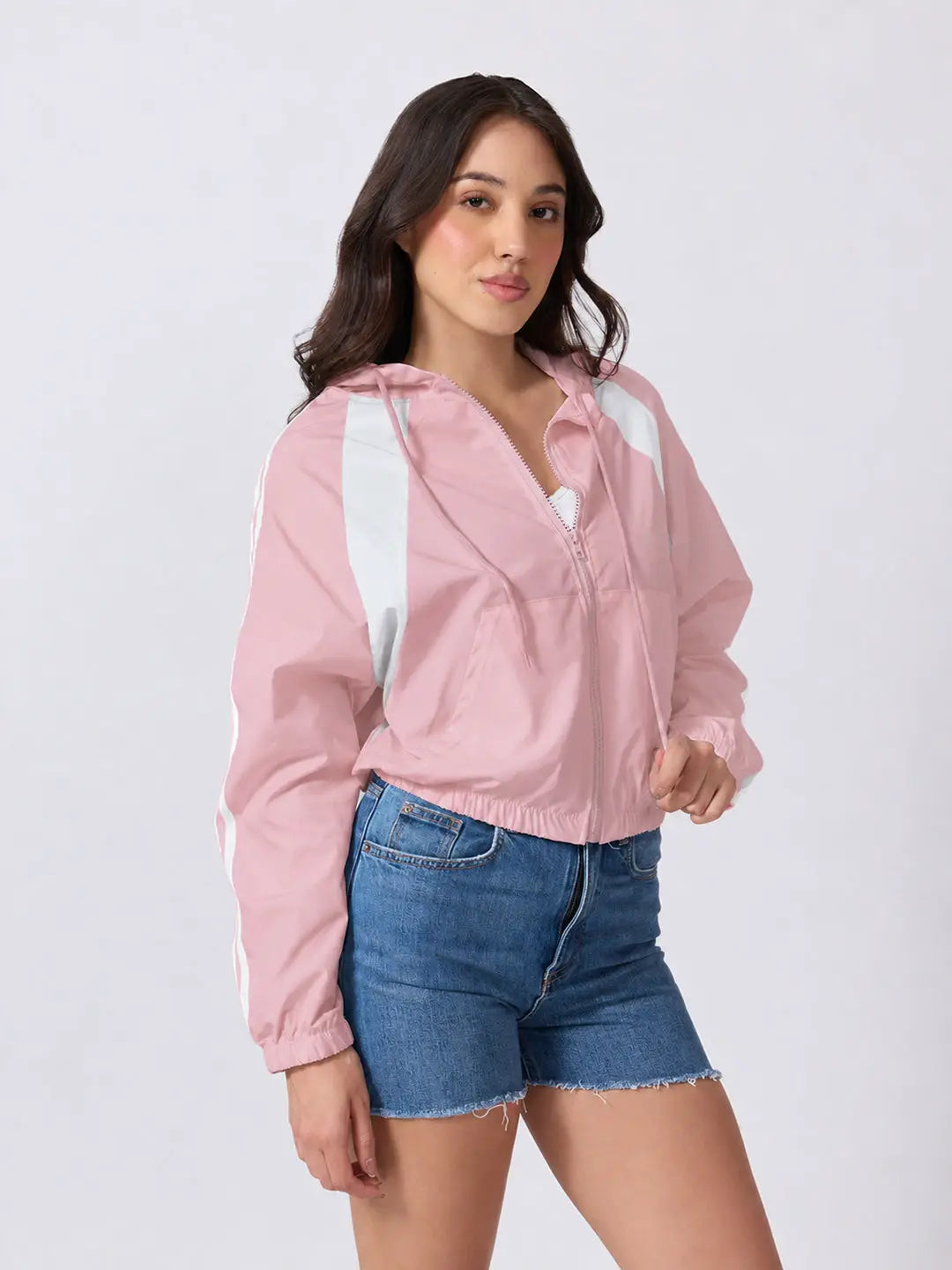 Women's Colourblocked Pink Hooded Zip Up Jacket with Striped Sleeves