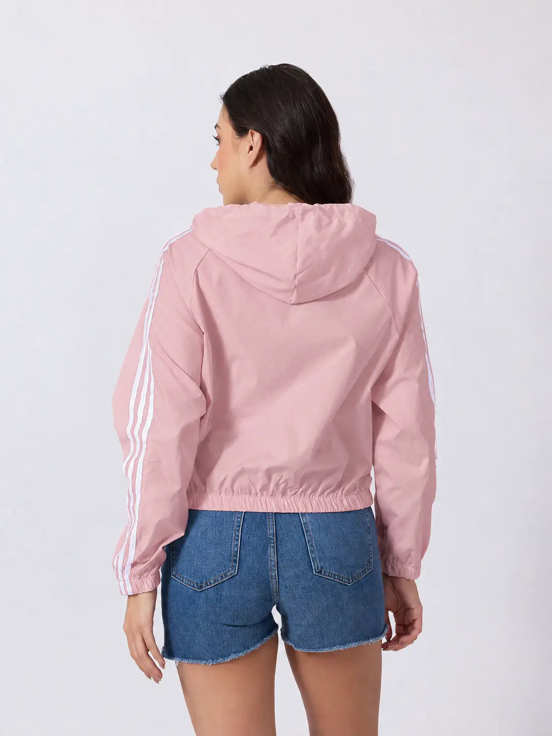 Women's Colourblocked Pink Hooded Zip Up Jacket with Striped Sleeves