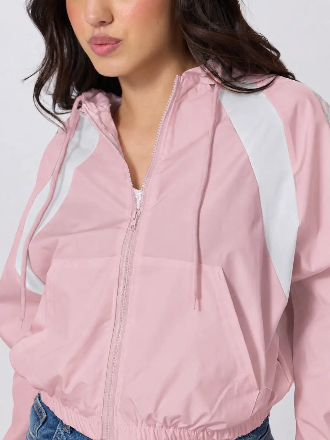 Women's Colourblocked Pink Hooded Zip Up Jacket with Striped Sleeves