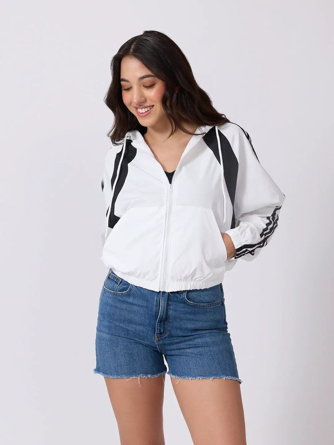 Women's Colourblocked White Hooded Zip Up Jacket with Striped Sleeves
