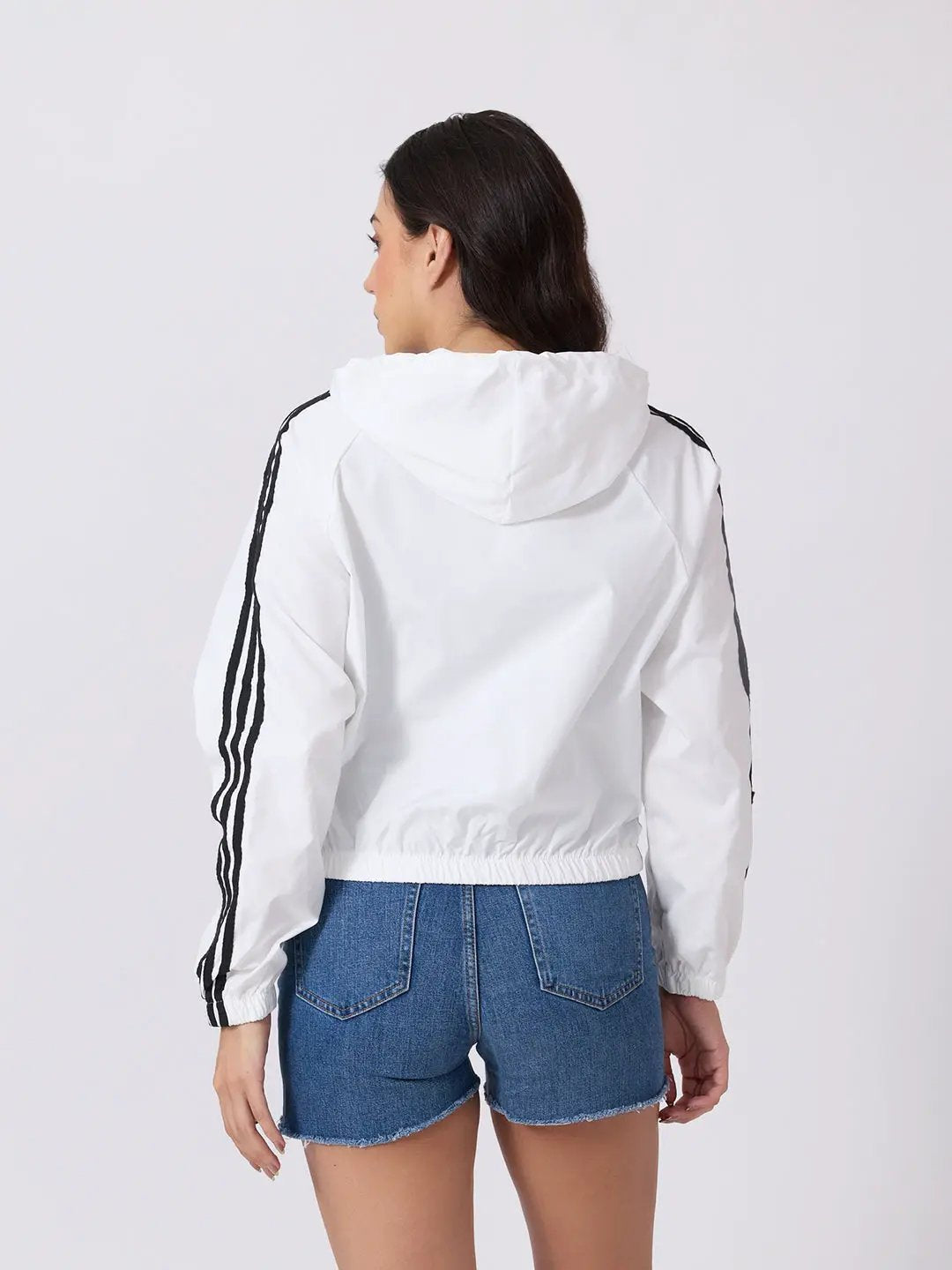 Women's Colourblocked White Hooded Zip Up Jacket with Striped Sleeves