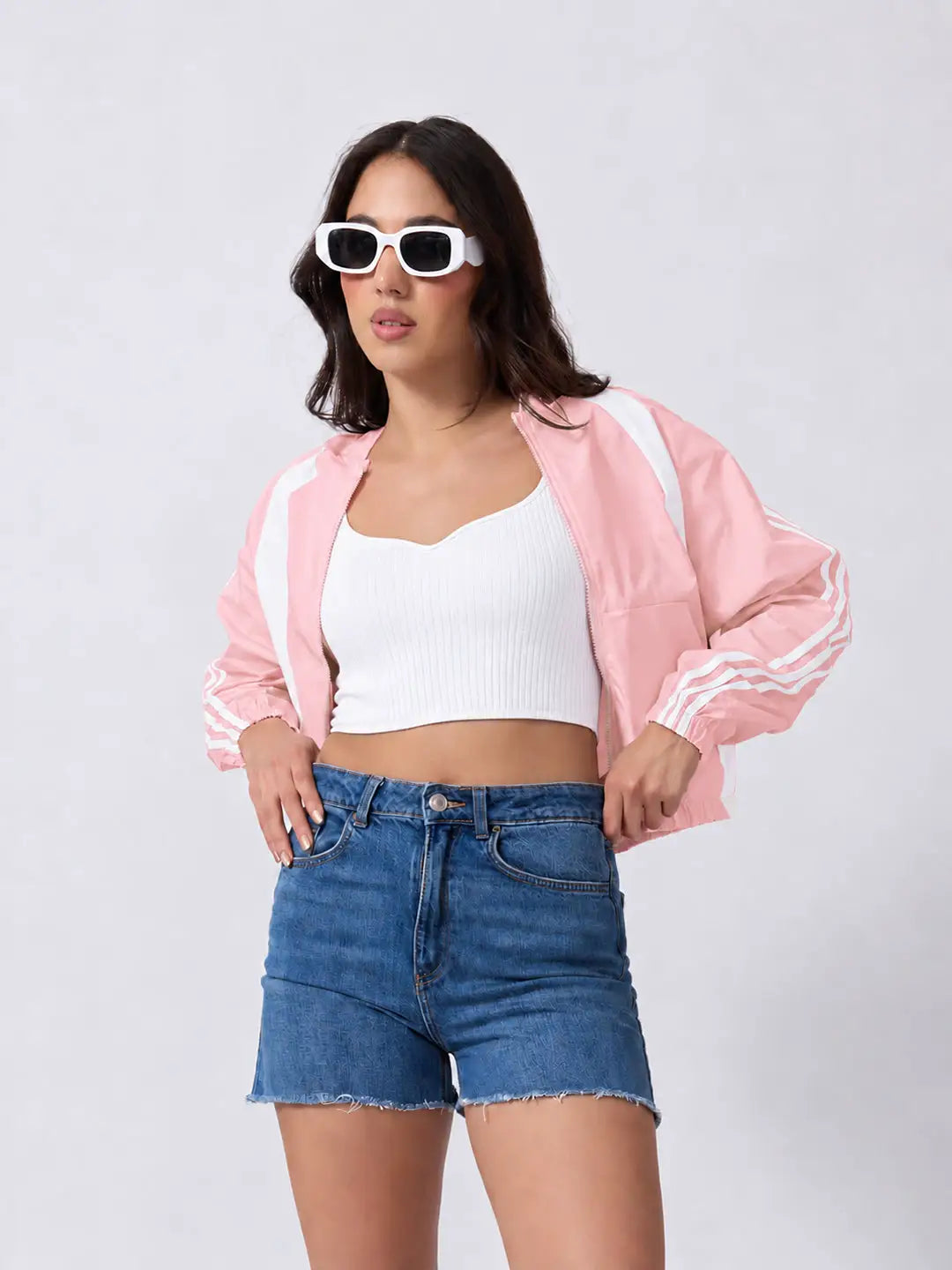 Women's Colourblocked Pink Hooded Jacket with Contrast Panels and Striped Sleeves