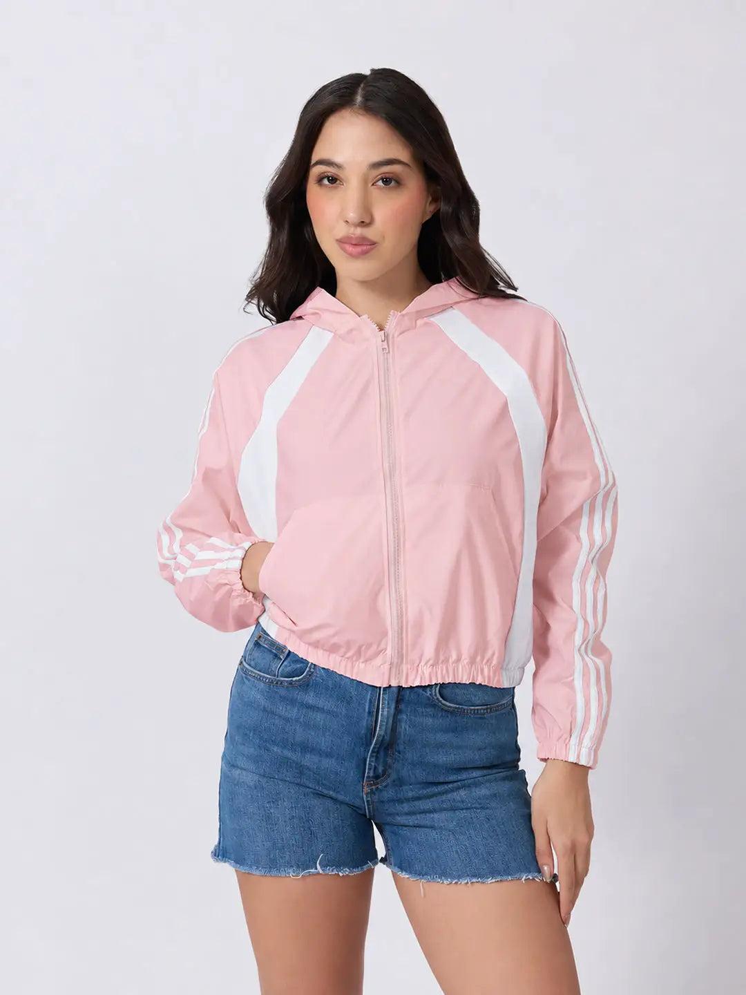Women's Colourblocked Pink Hooded Jacket with Contrast Panels and Striped Sleeves