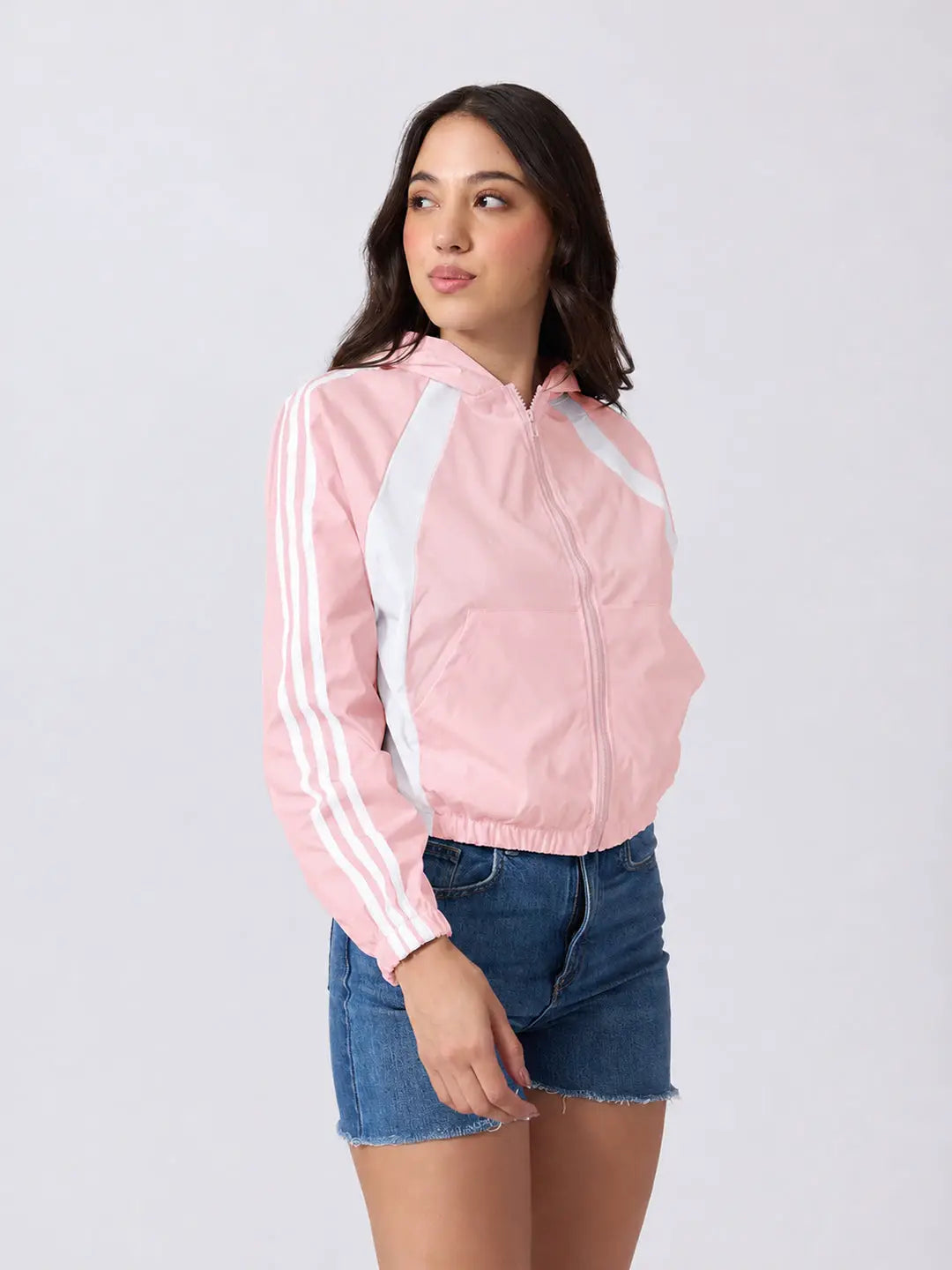 Women's Colourblocked Pink Hooded Jacket with Contrast Panels and Striped Sleeves
