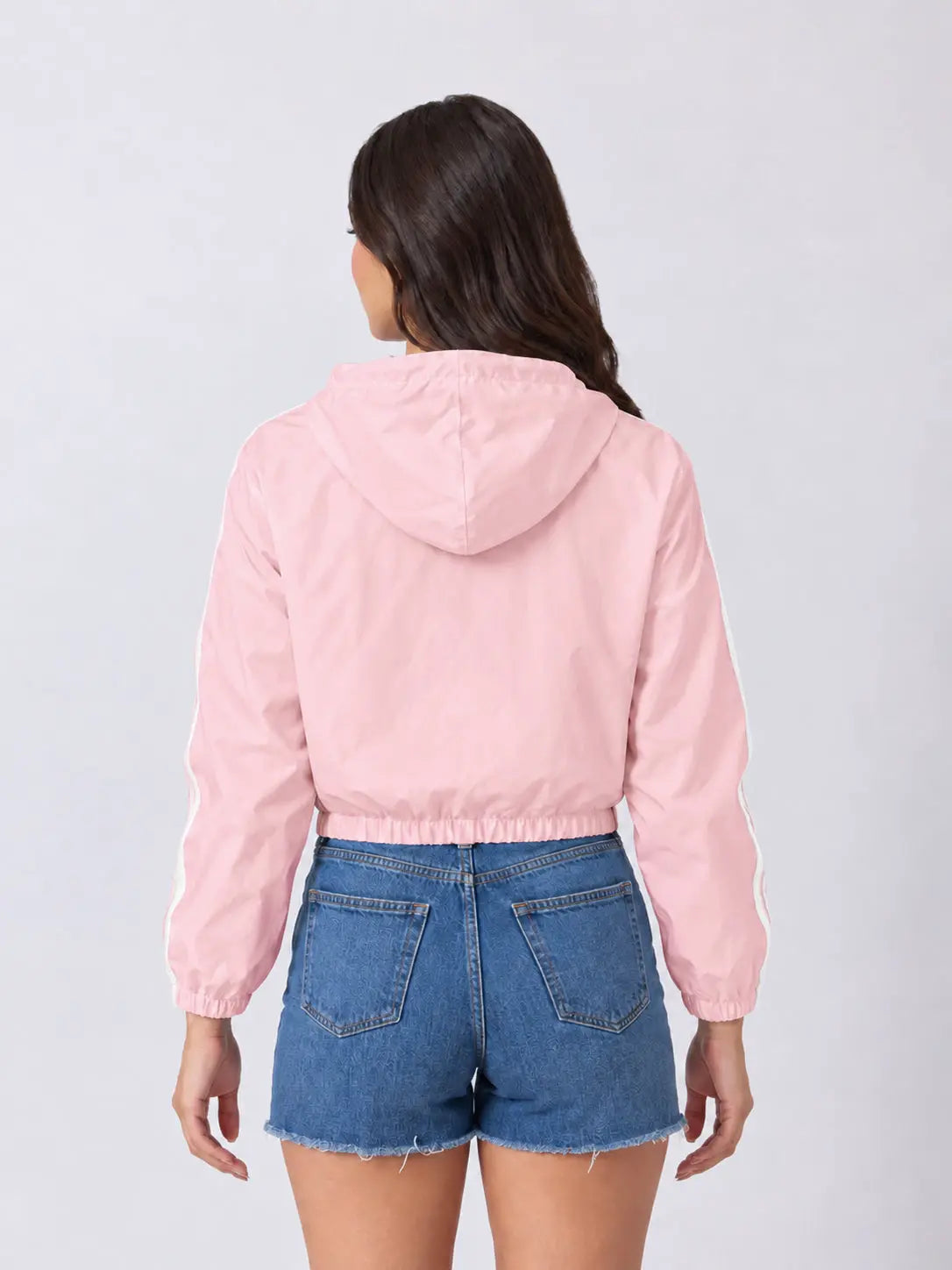Women's Colourblocked Pink Hooded Jacket with Contrast Panels and Striped Sleeves