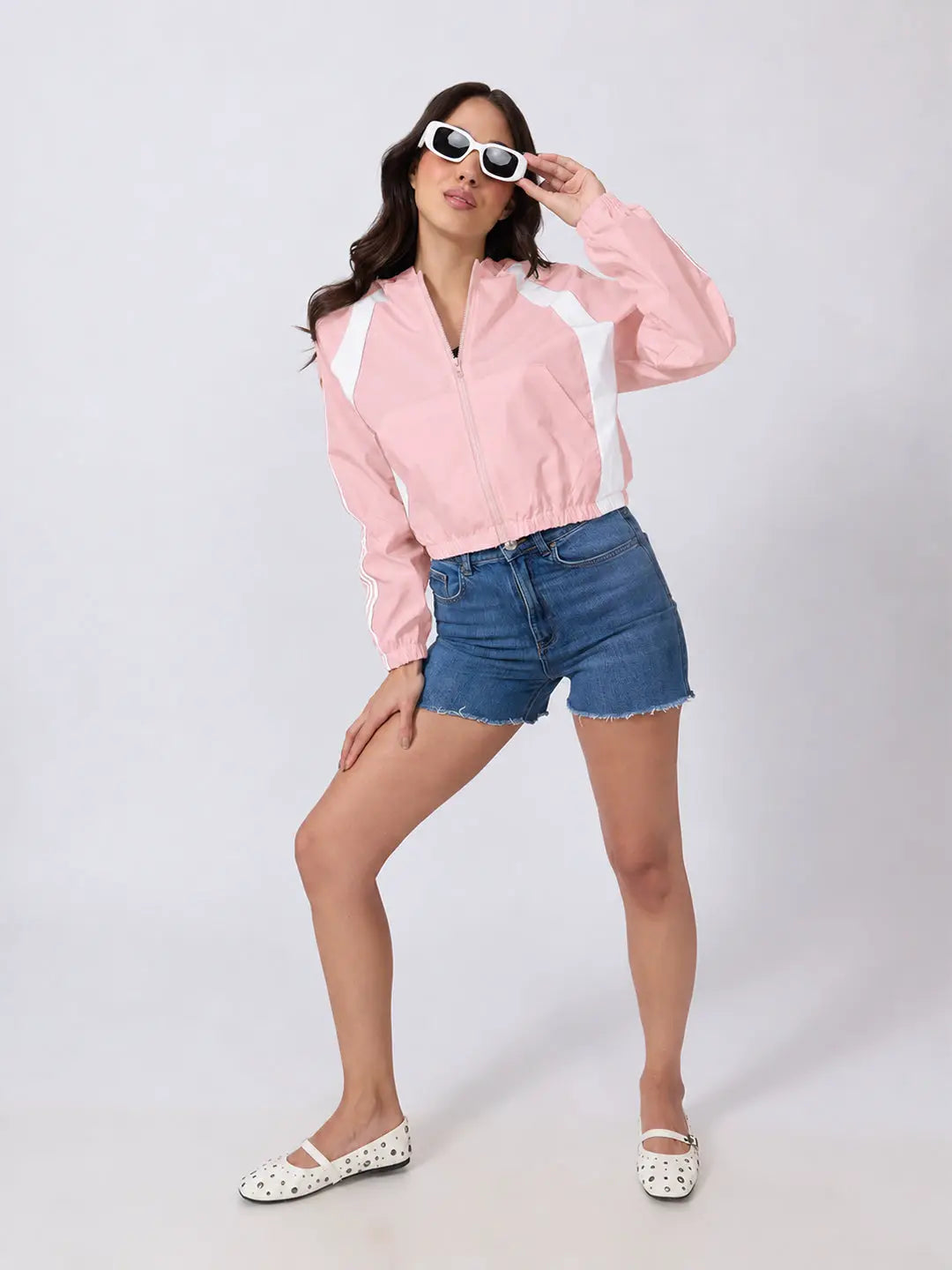 Women's Colourblocked Pink Hooded Jacket with Contrast Panels and Striped Sleeves