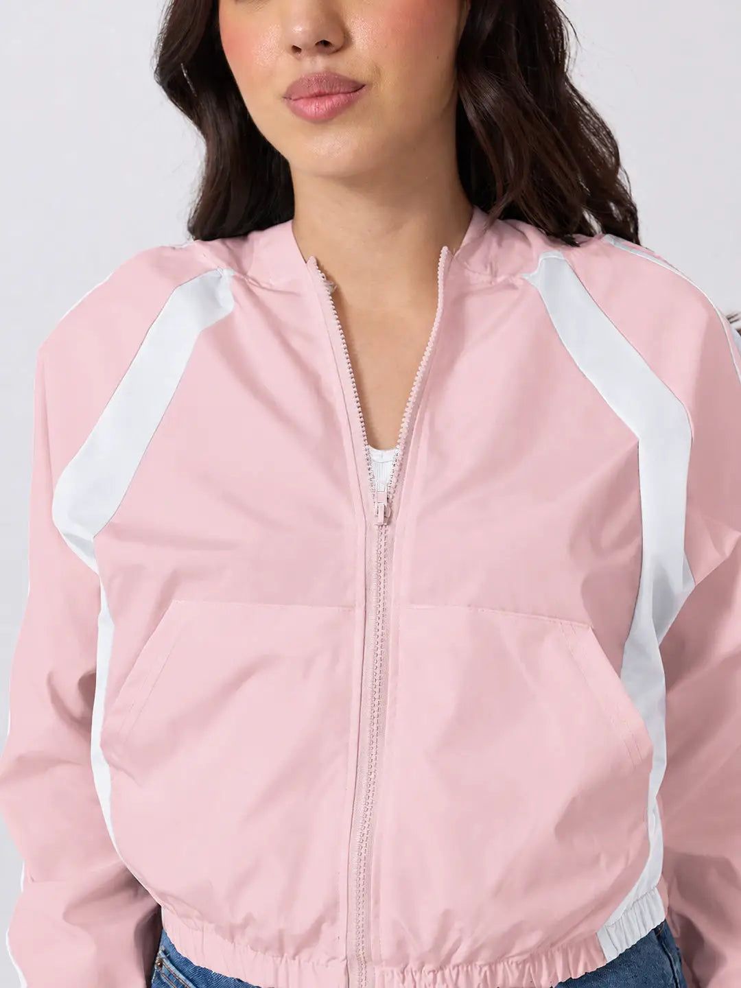 Women's Colourblocked Pink Hooded Jacket with Contrast Panels and Striped Sleeves