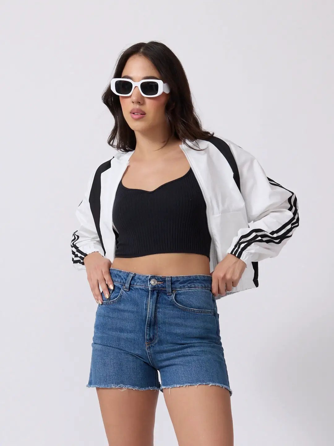 Women's White Colourblocked Hooded Jacket with Contrast Panels and Striped Sleeves