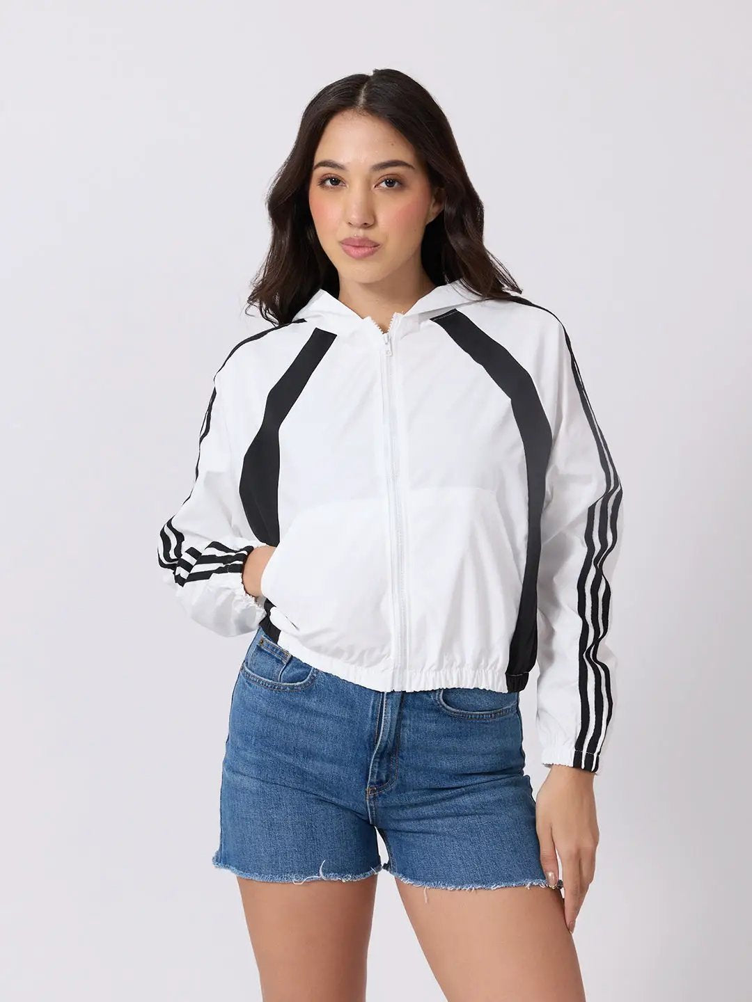 Women's White Colourblocked Hooded Jacket with Contrast Panels and Striped Sleeves