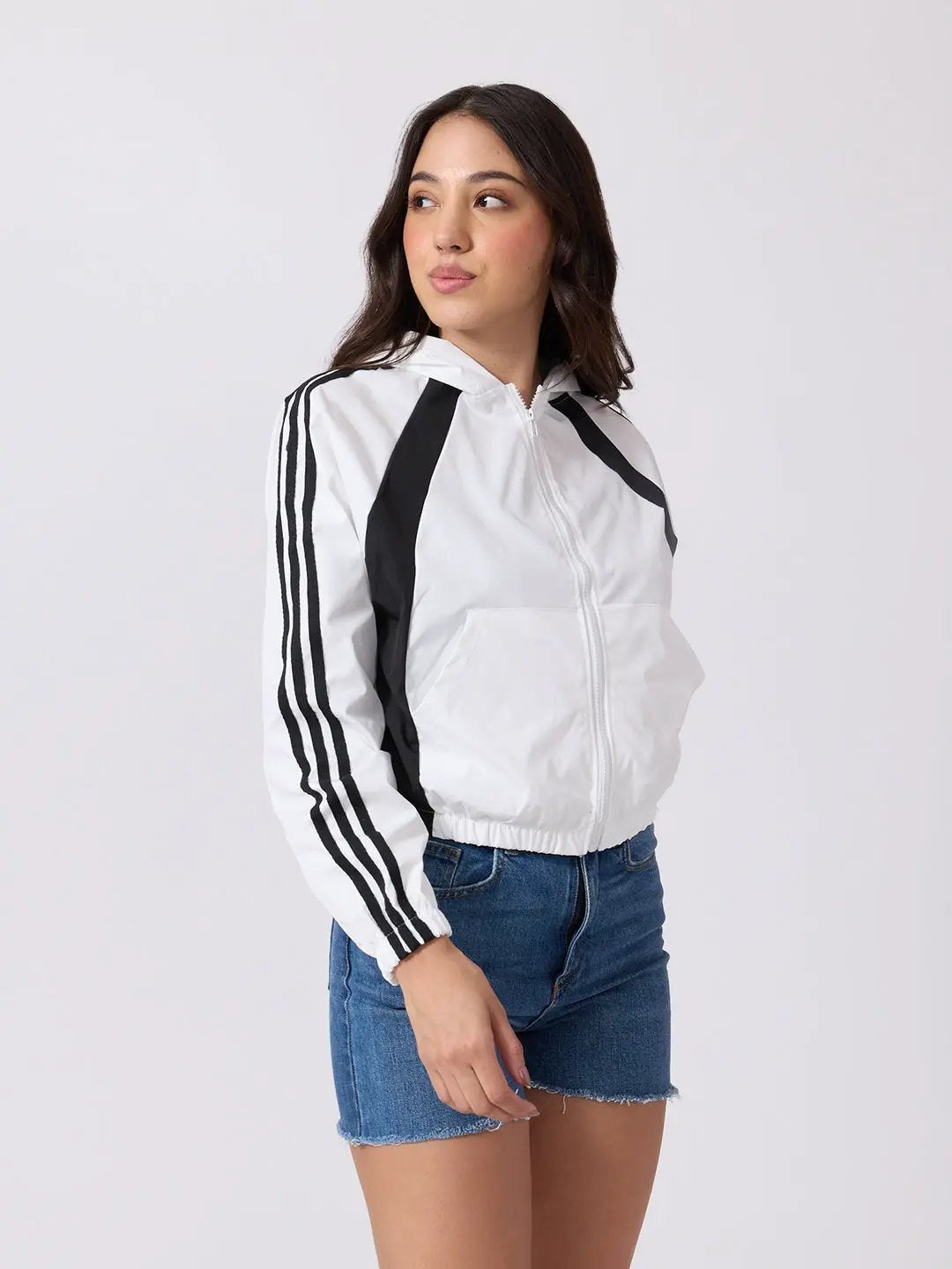 Women's White Colourblocked Hooded Jacket with Contrast Panels and Striped Sleeves