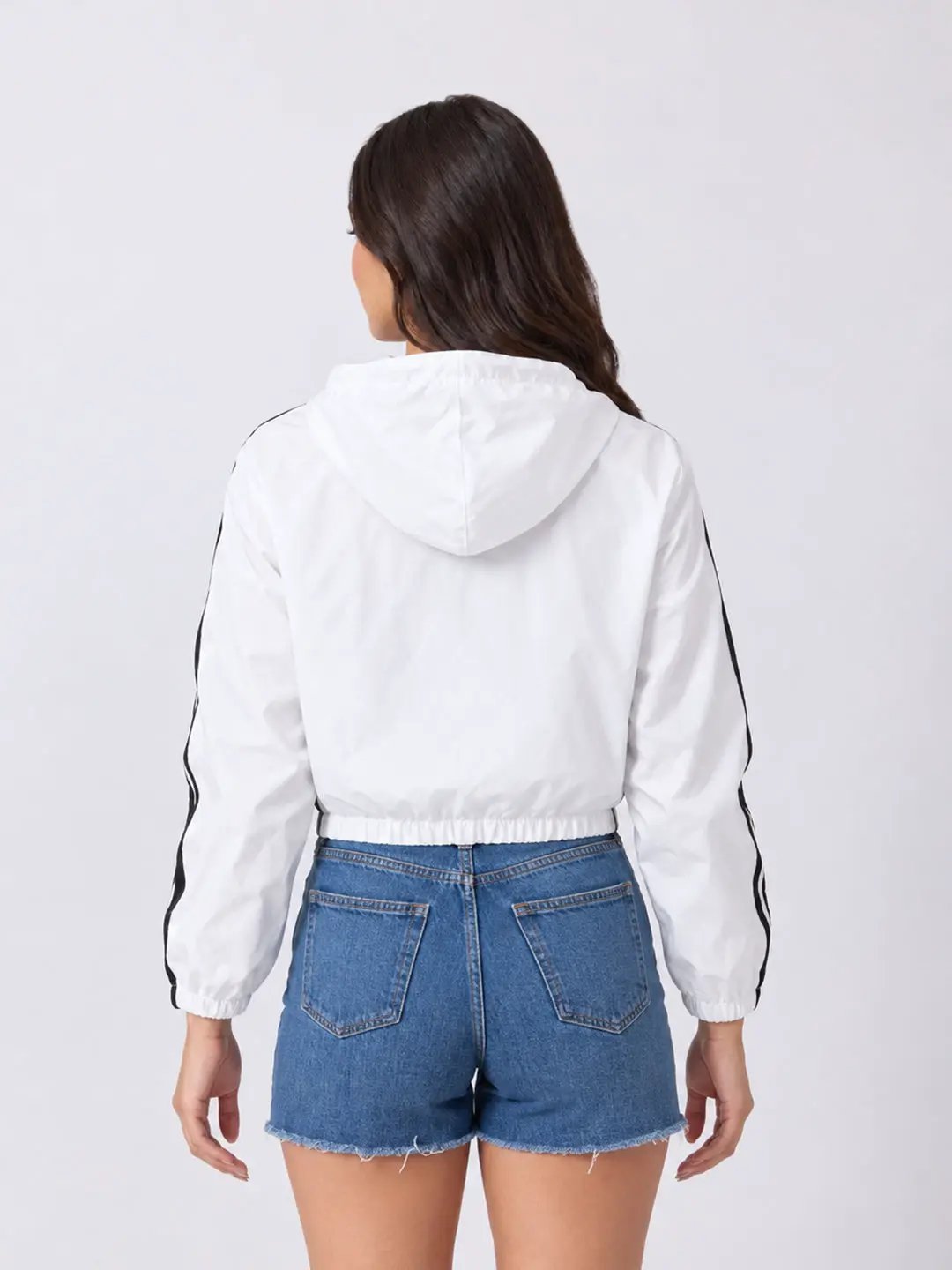 Women's White Colourblocked Hooded Jacket with Contrast Panels and Striped Sleeves