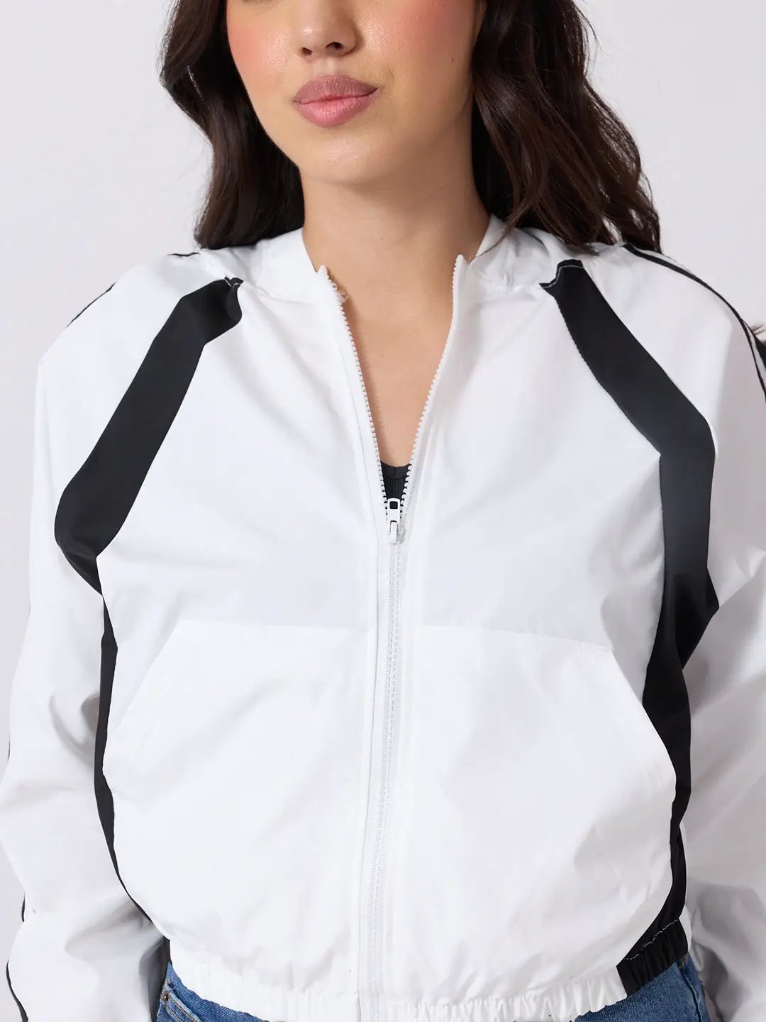 Women's White Colourblocked Hooded Jacket with Contrast Panels and Striped Sleeves