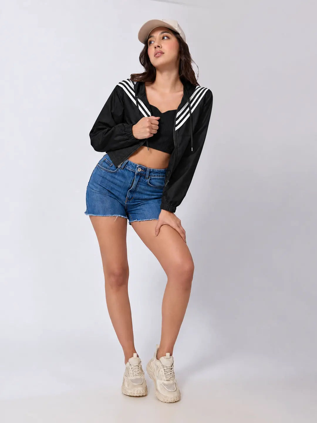 Women's Striped Black Full Zip Hooded Jacket with Elasticated Hem