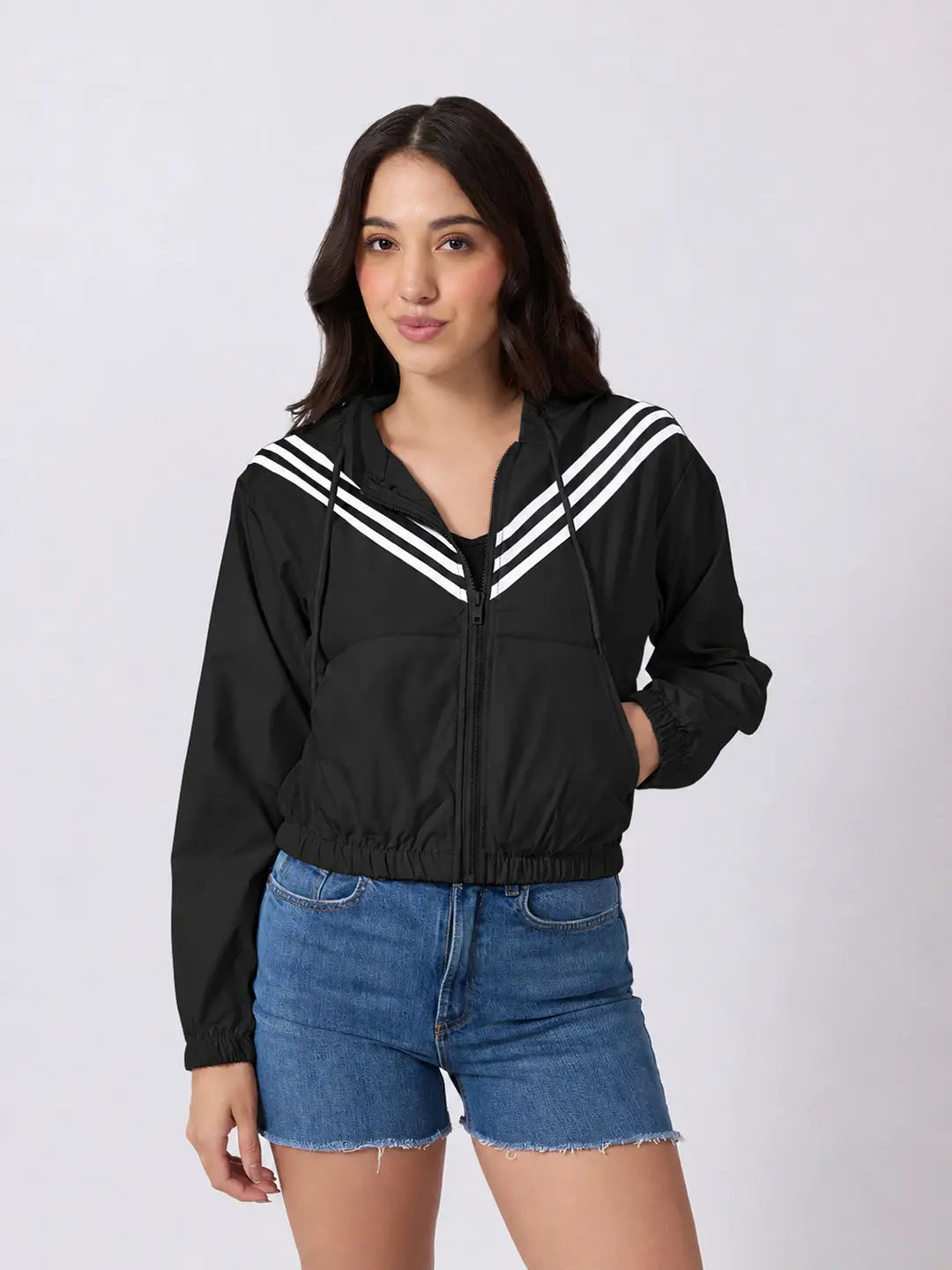 Women's Striped Black Full Zip Hooded Jacket with Elasticated Hem