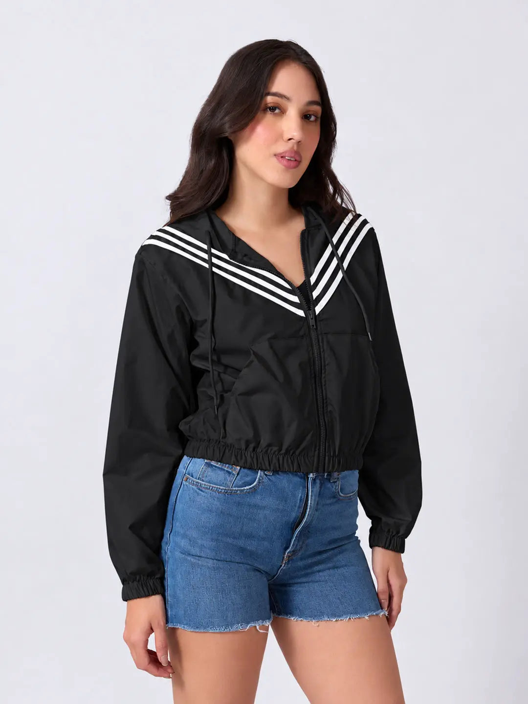 Women's Striped Black Full Zip Hooded Jacket with Elasticated Hem