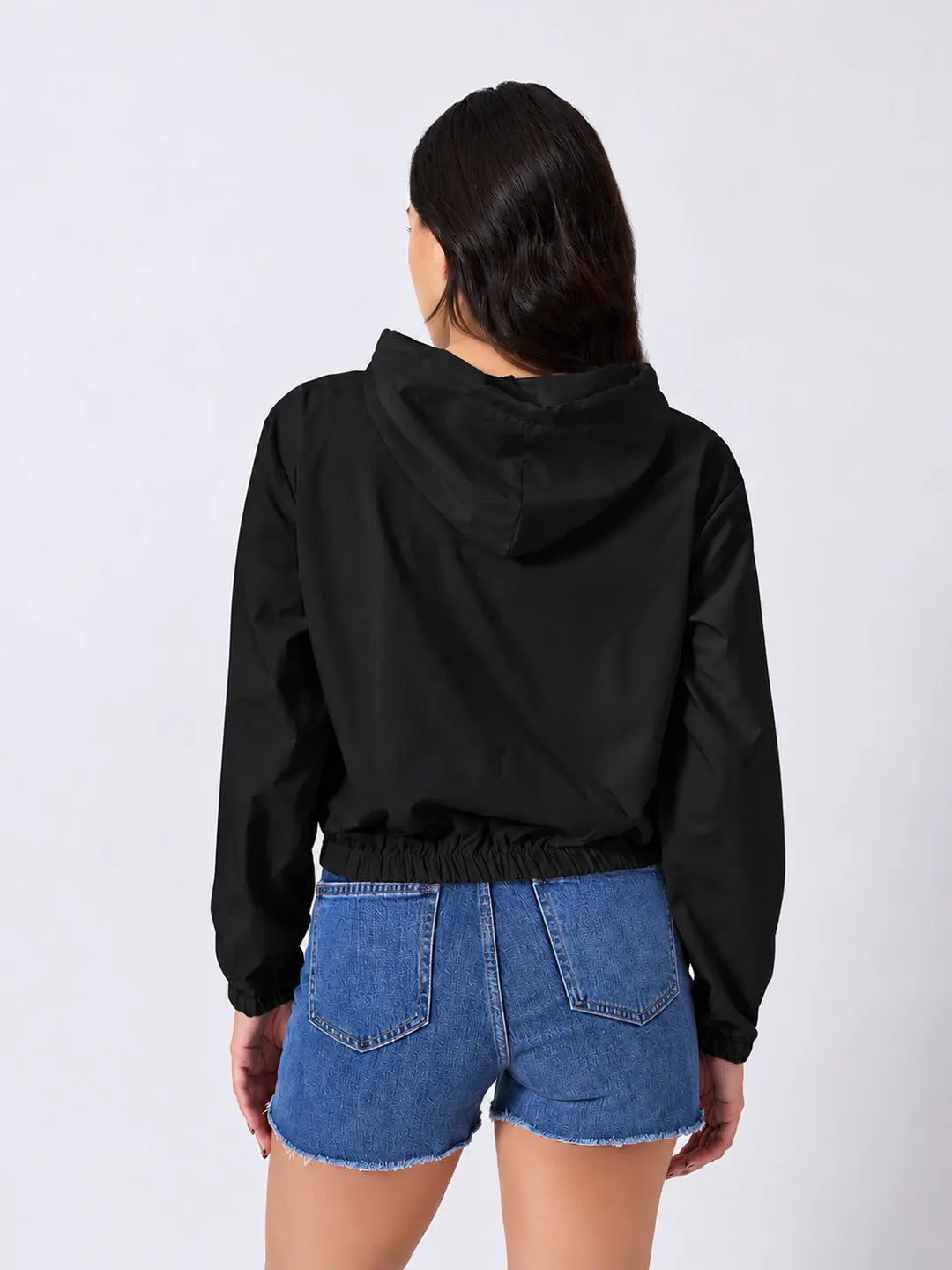 Women's Striped Black Full Zip Hooded Jacket with Elasticated Hem