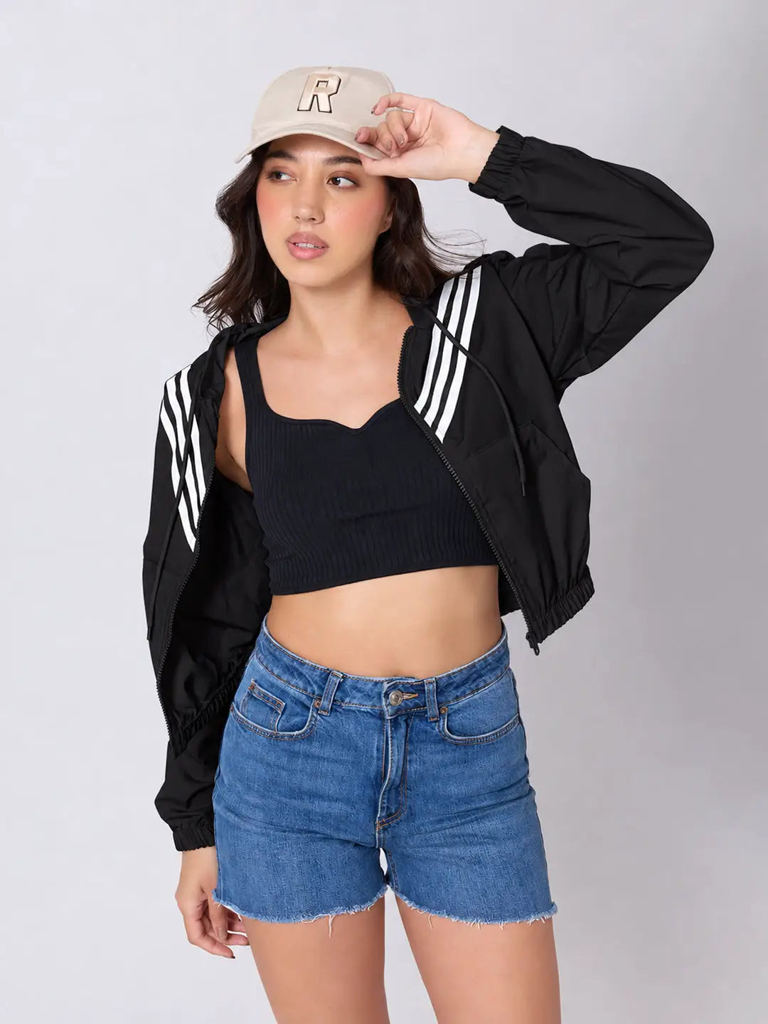 Women's Striped Black Full Zip Hooded Jacket with Elasticated Hem
