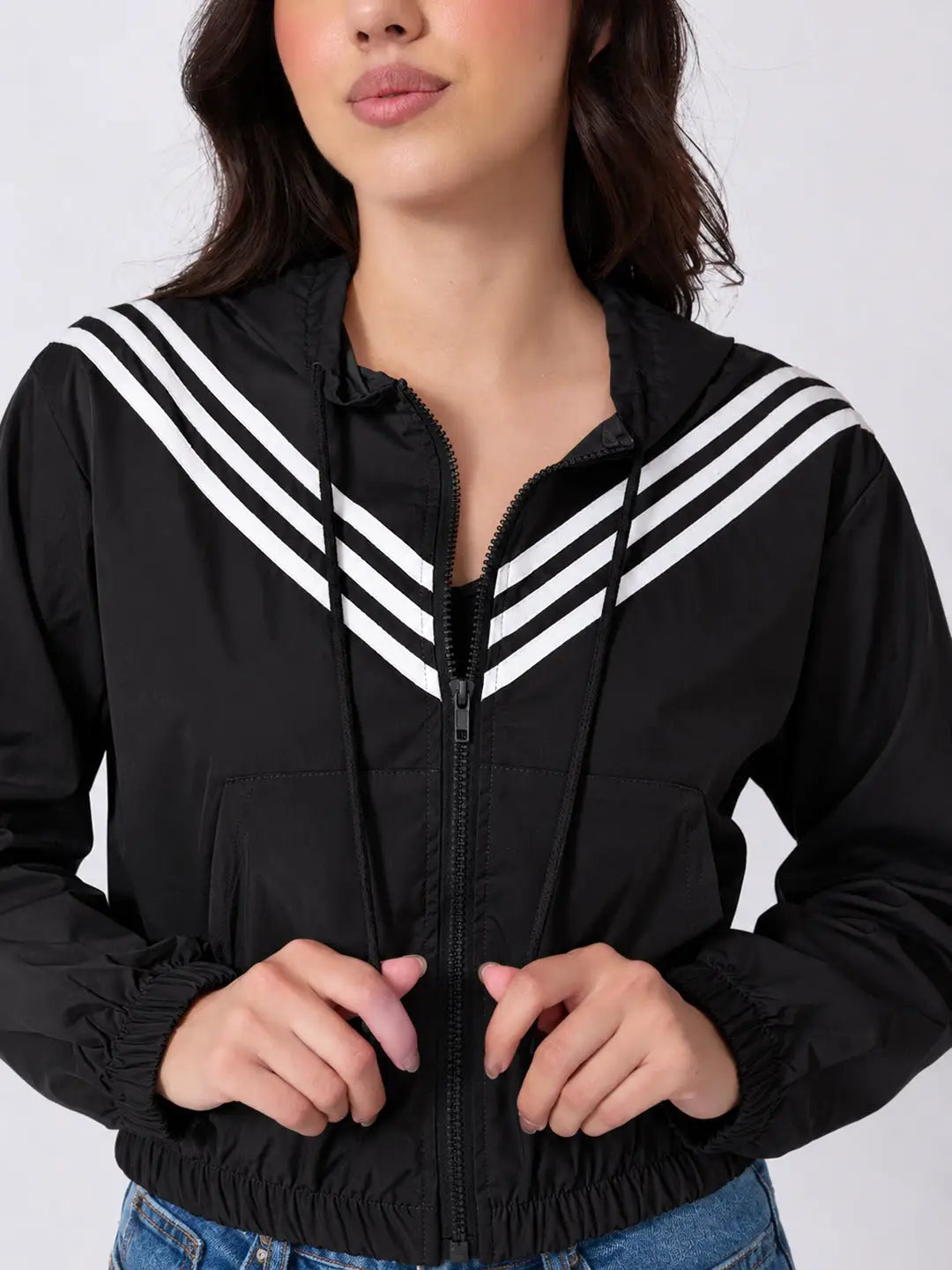 Women's Striped Black Full Zip Hooded Jacket with Elasticated Hem