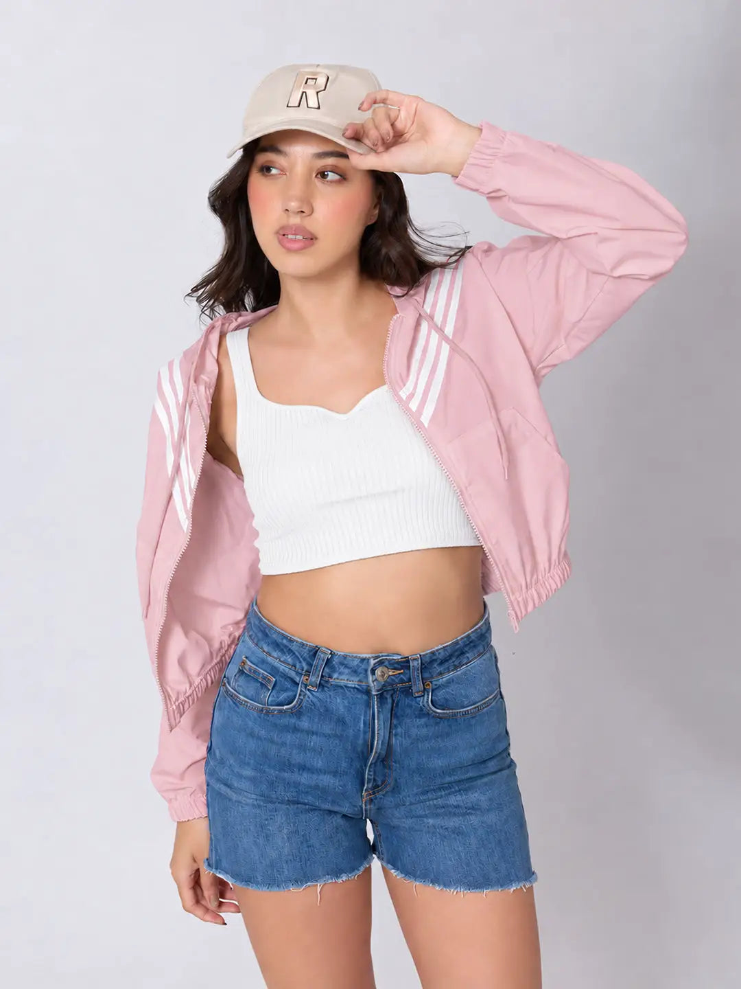 Women's Striped Pink Full Zip Hooded Jacket with Elasticated Hem
