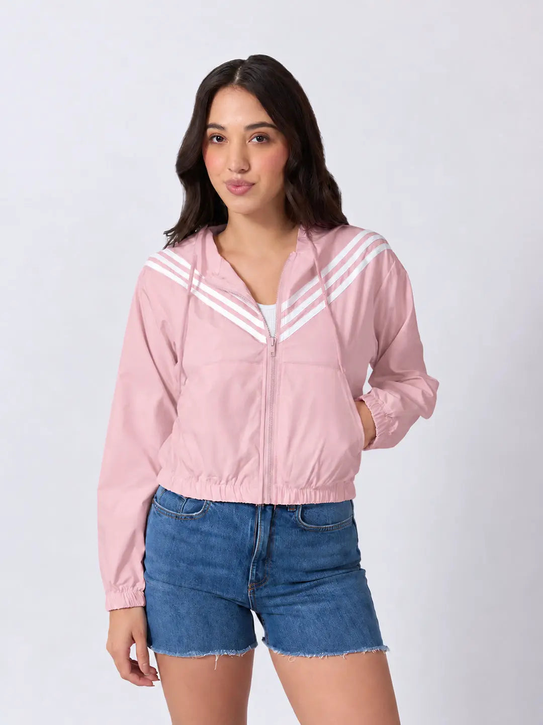 Women's Striped Pink Full Zip Hooded Jacket with Elasticated Hem
