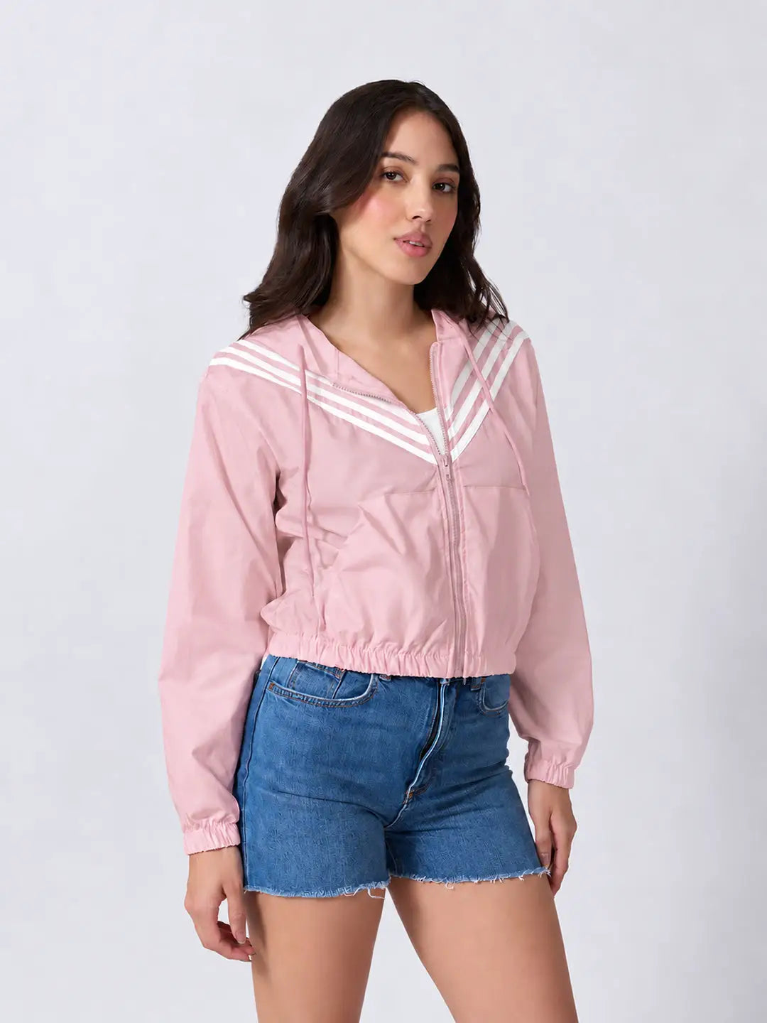 Women's Striped Pink Full Zip Hooded Jacket with Elasticated Hem