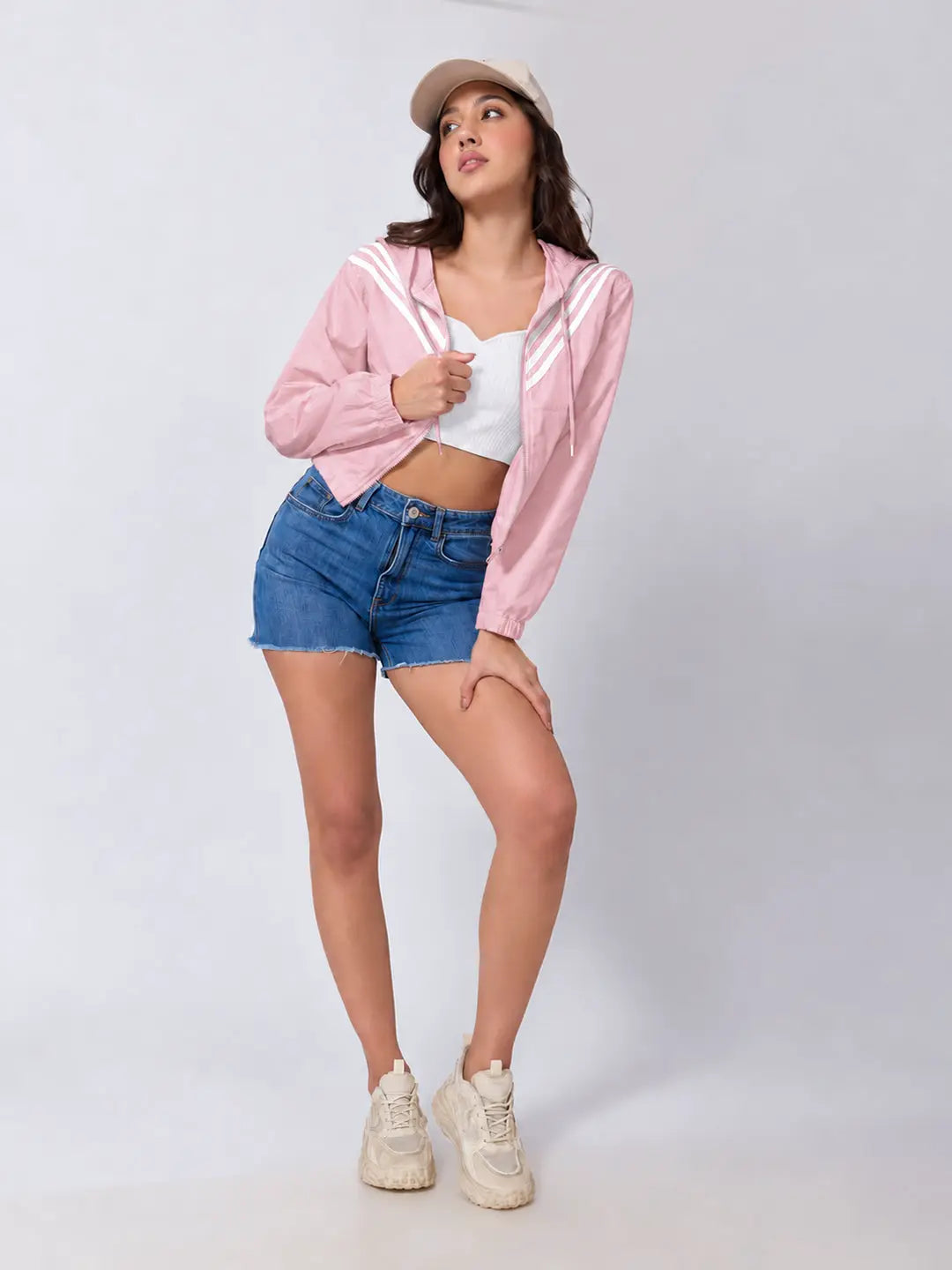 Women's Striped Pink Full Zip Hooded Jacket with Elasticated Hem