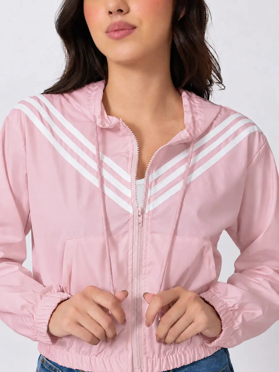 Women's Striped Pink Full Zip Hooded Jacket with Elasticated Hem