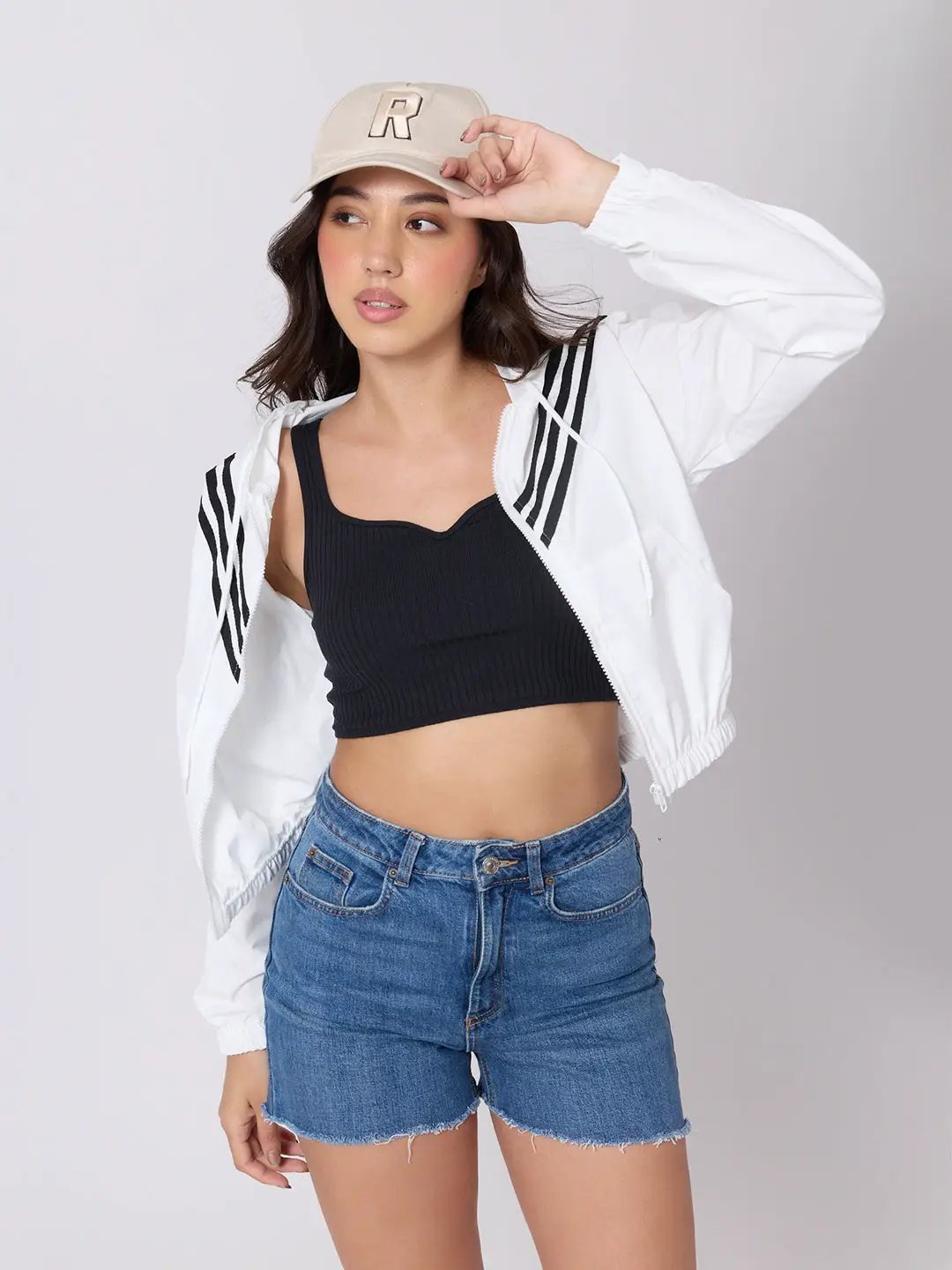 Women's White Striped Hooded Jacket with Elasticated Hem