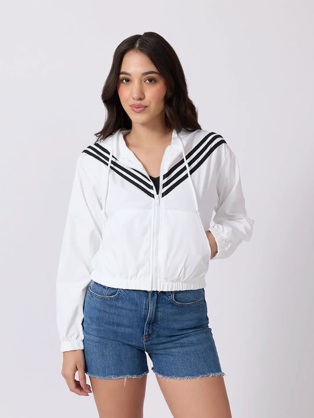 Women's White Striped Hooded Jacket with Elasticated Hem