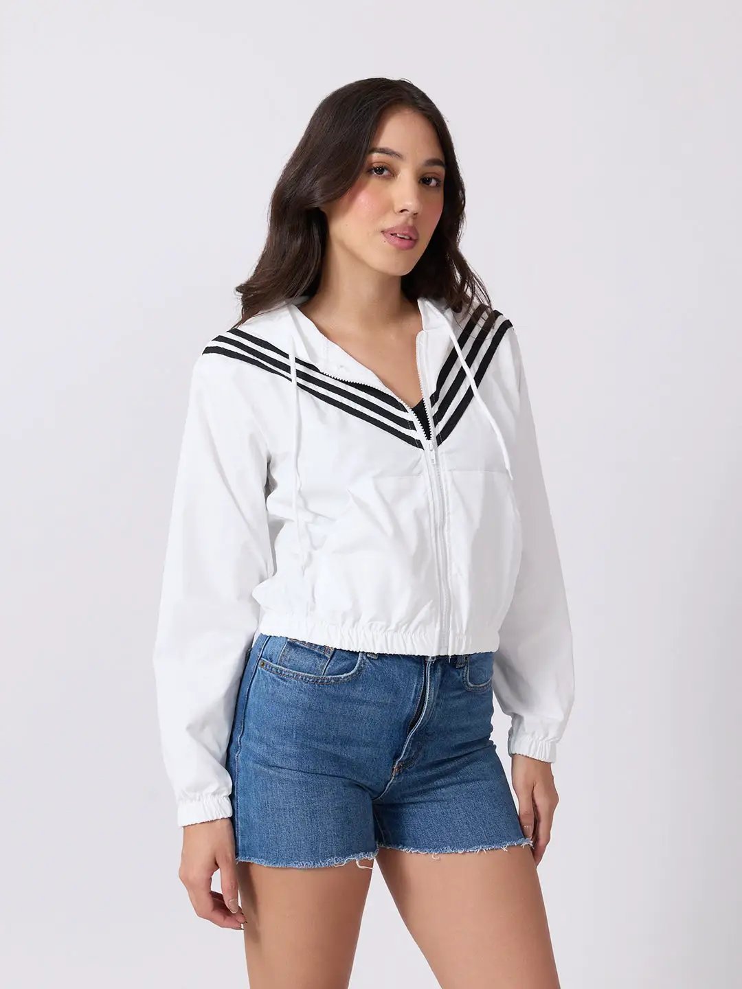 Women's White Striped Hooded Jacket with Elasticated Hem