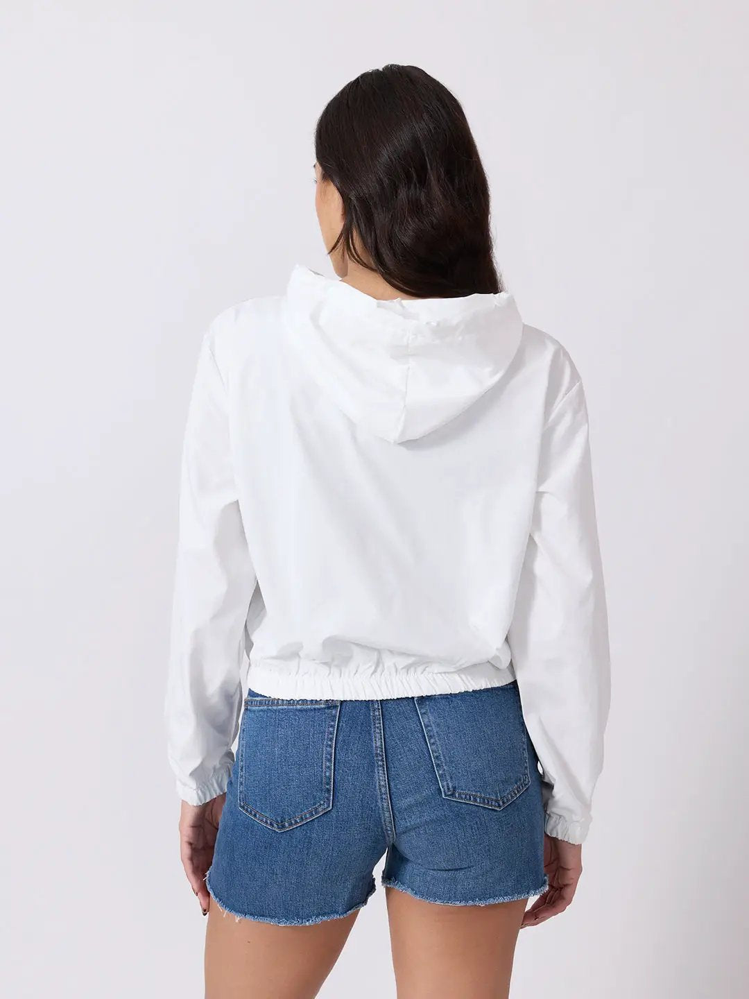 Women's White Striped Hooded Jacket with Elasticated Hem