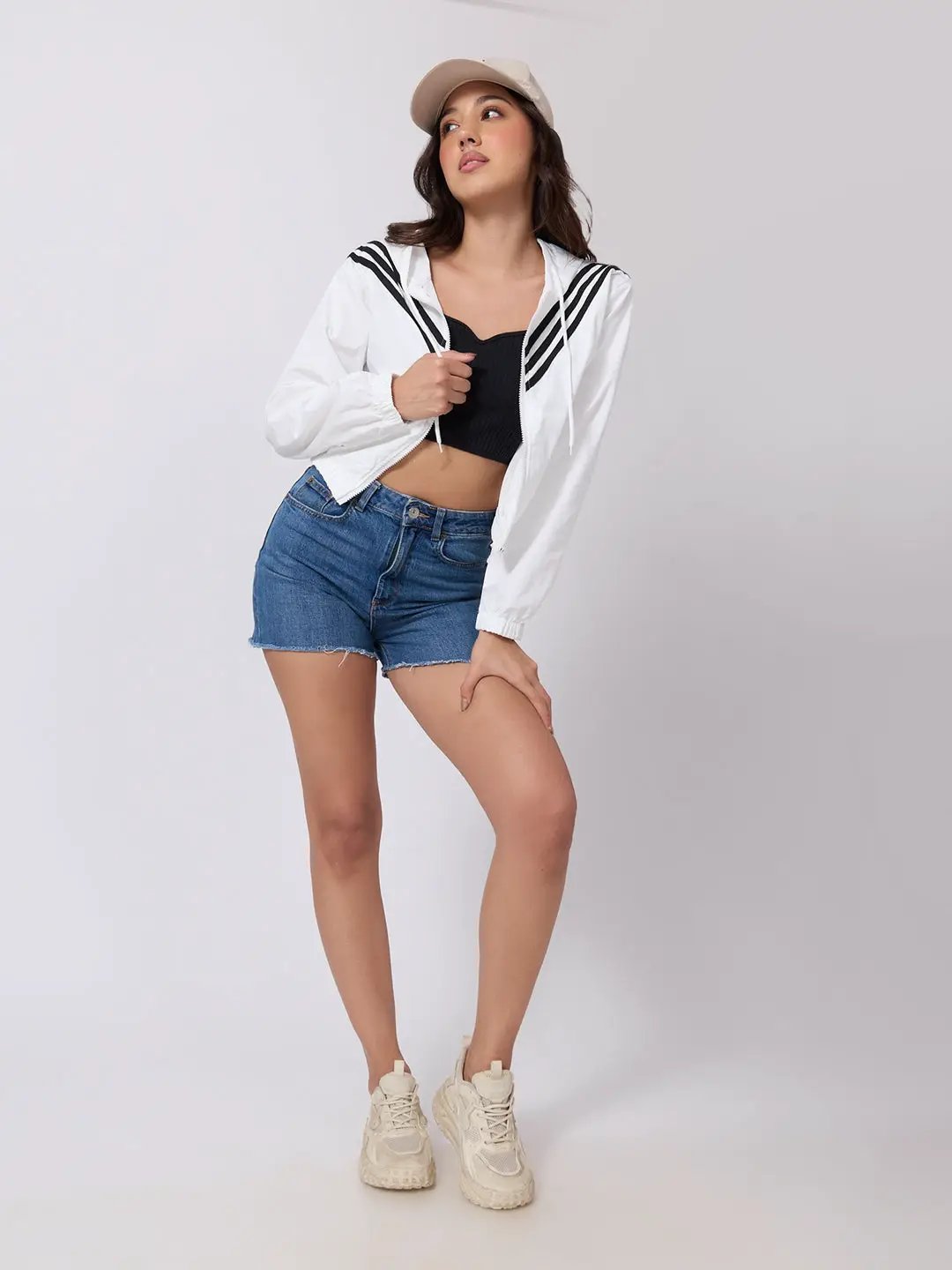 Women's White Striped Hooded Jacket with Elasticated Hem