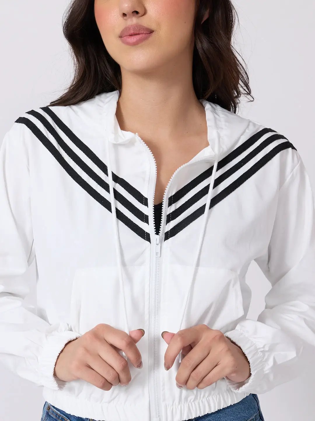 Women's White Striped Hooded Jacket with Elasticated Hem