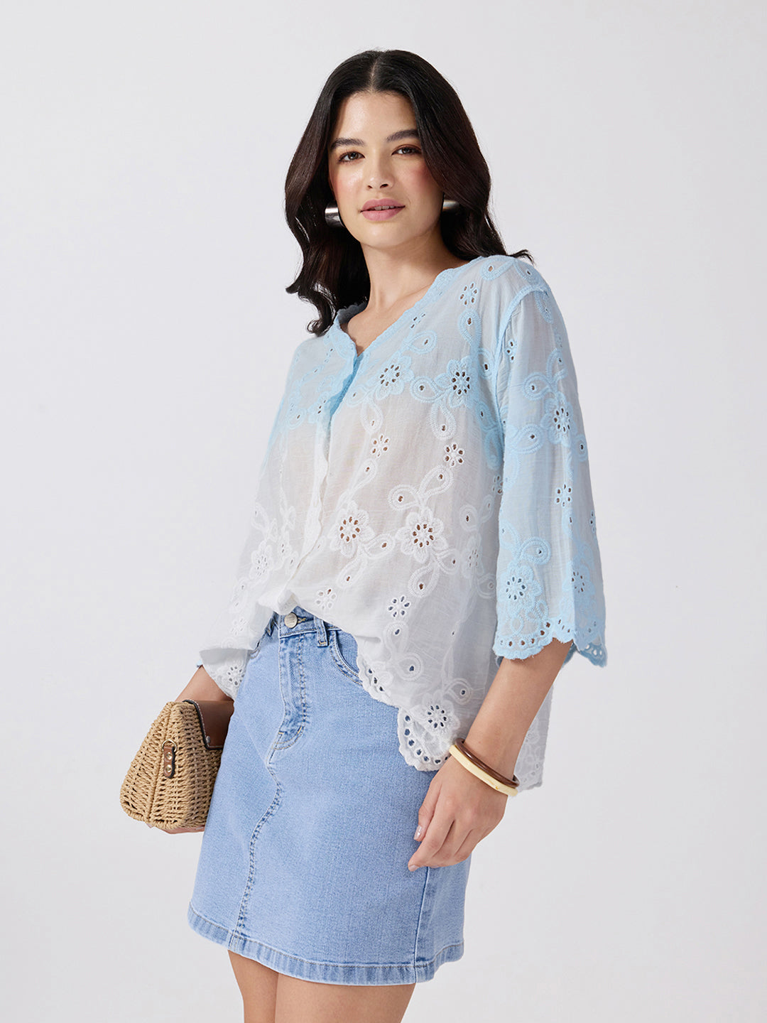 Women’s Ombre Embroidered Blue Top with V-Neck and Scalloped Hem