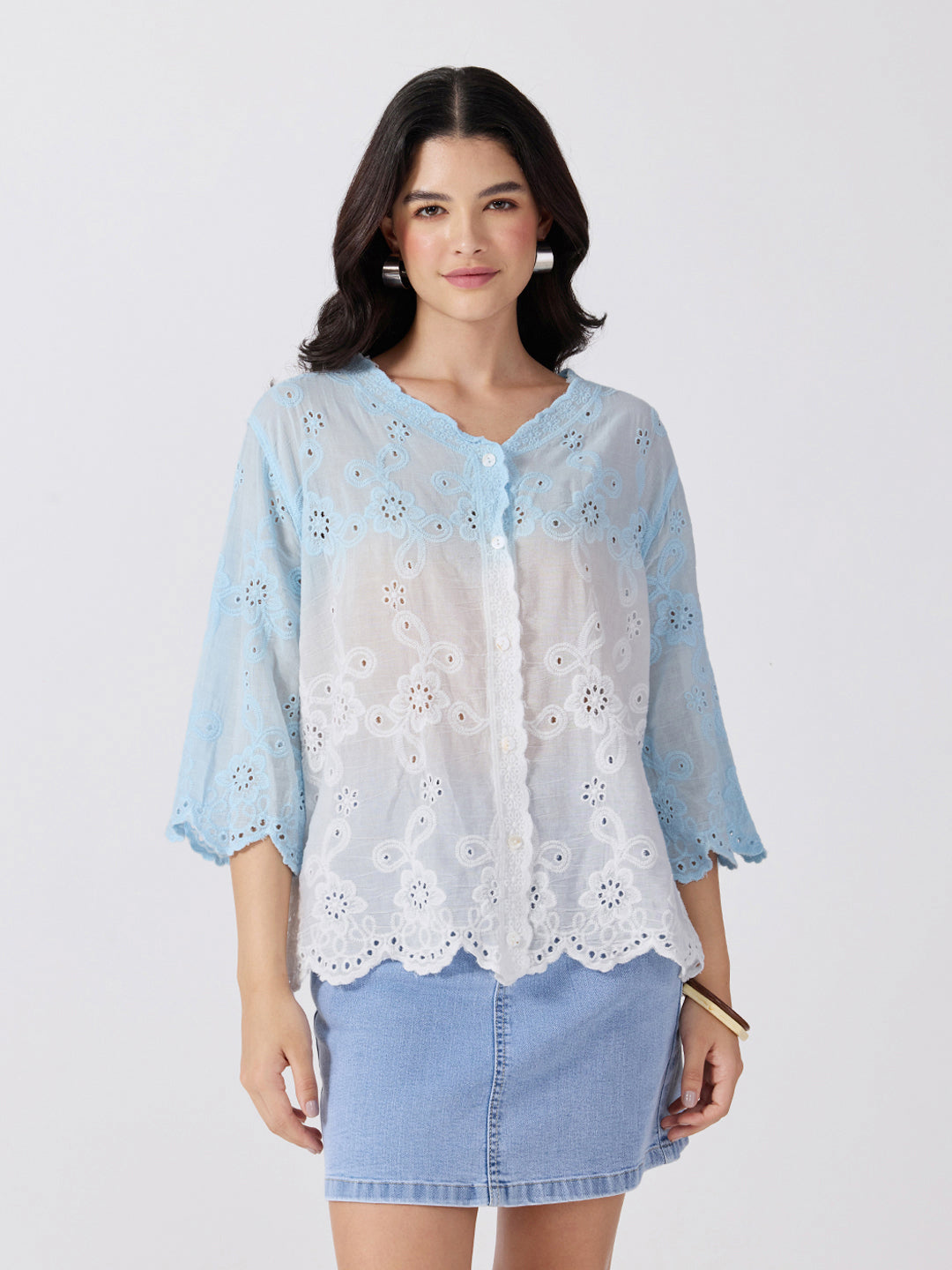 Women’s Ombre Embroidered Blue Top with V-Neck and Scalloped Hem